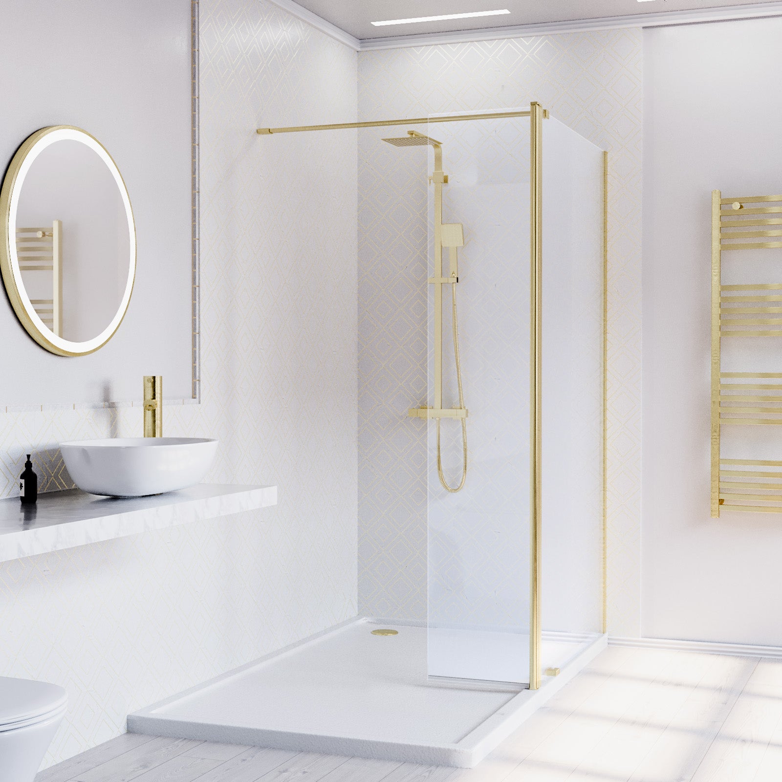 Brushed Brass 1000mm Wet Room Screen 8mm Glass & Flipper Return Panel