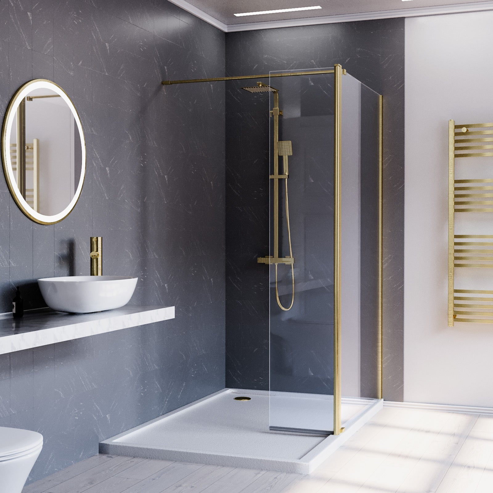 Brushed Brass 1200mm Screen 8mm Tempered Glass With 300mm Flipper Panel