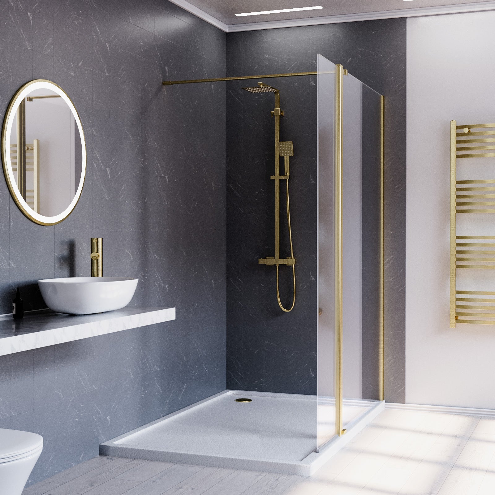 Brushed Brass 1200mm Screen 8mm Tempered Glass With 300mm Flipper Panel