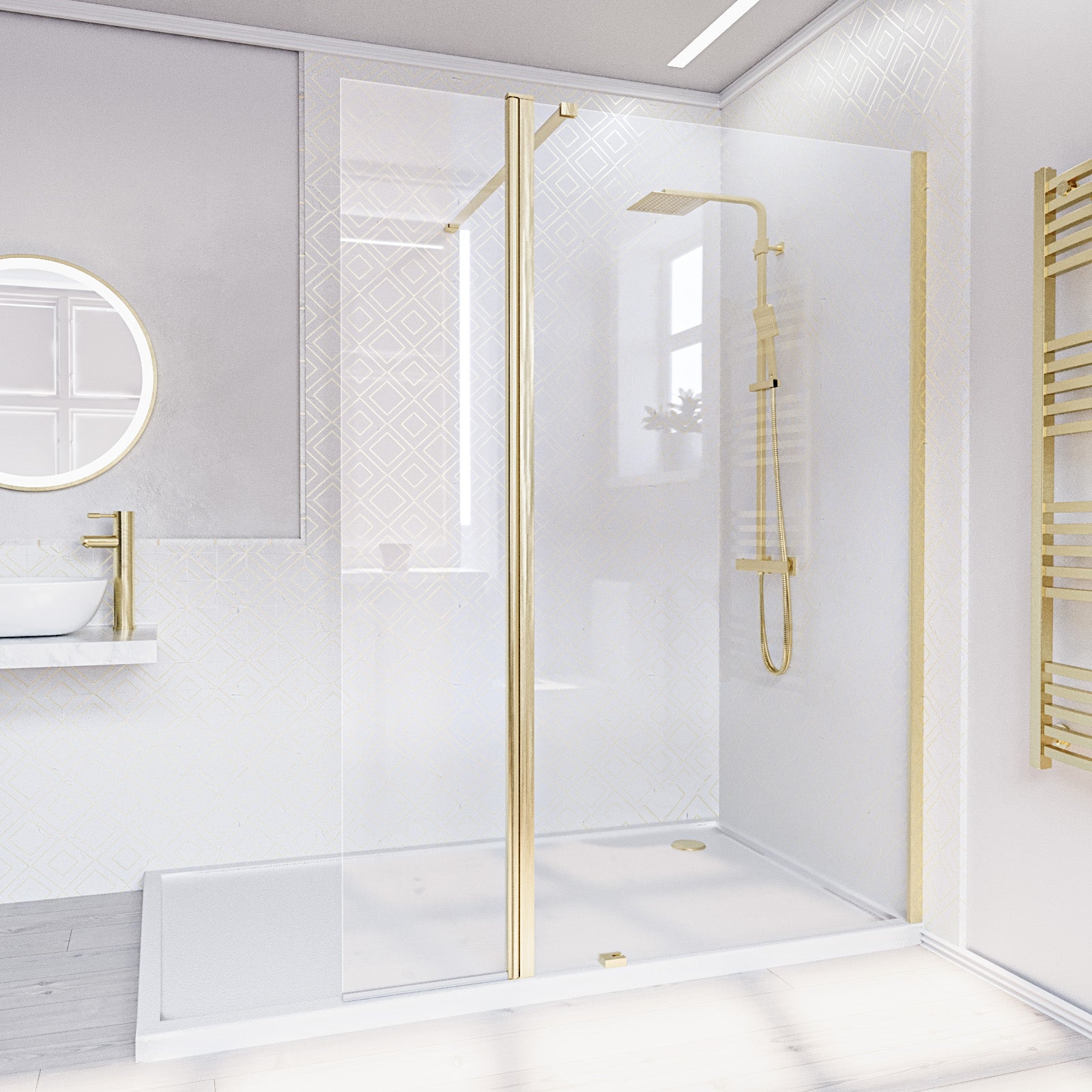 Brushed Brass 1000mm Wet Room Screen 8mm Glass & Flipper Return Panel
