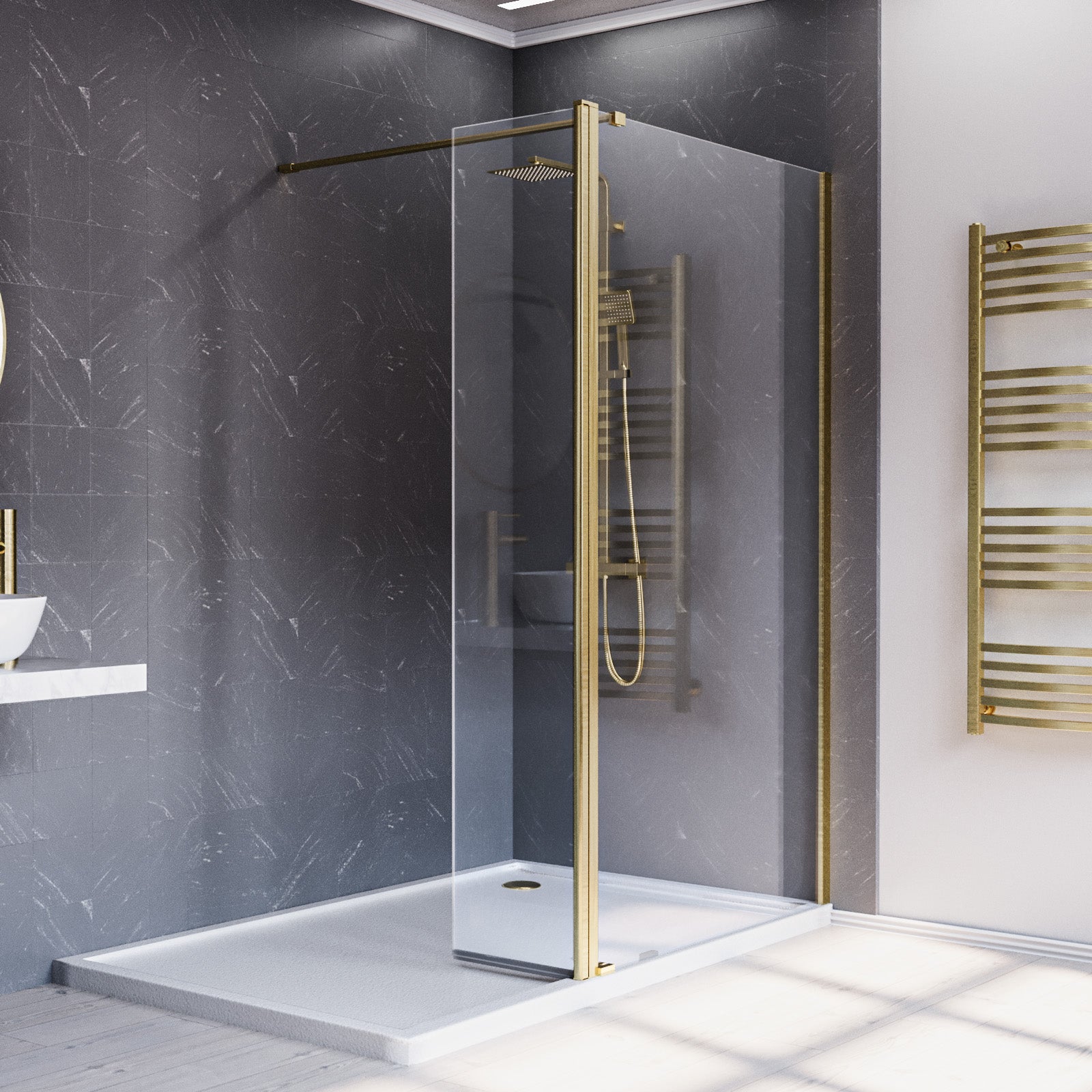 Brushed Brass 1200mm Screen 8mm Tempered Glass With 300mm Flipper Panel