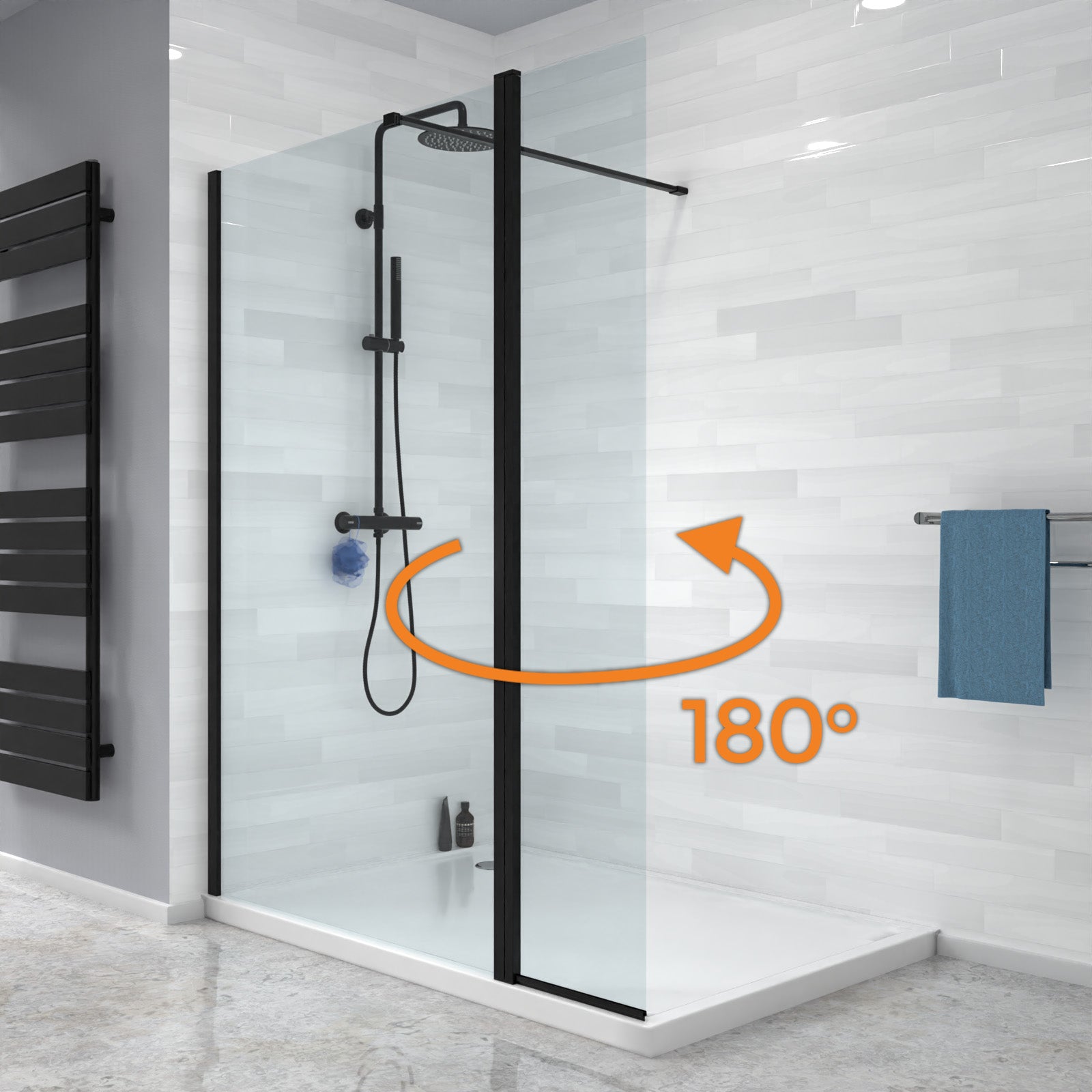 shower setup with glass door, black fixtures, and towel rack in bathroom.