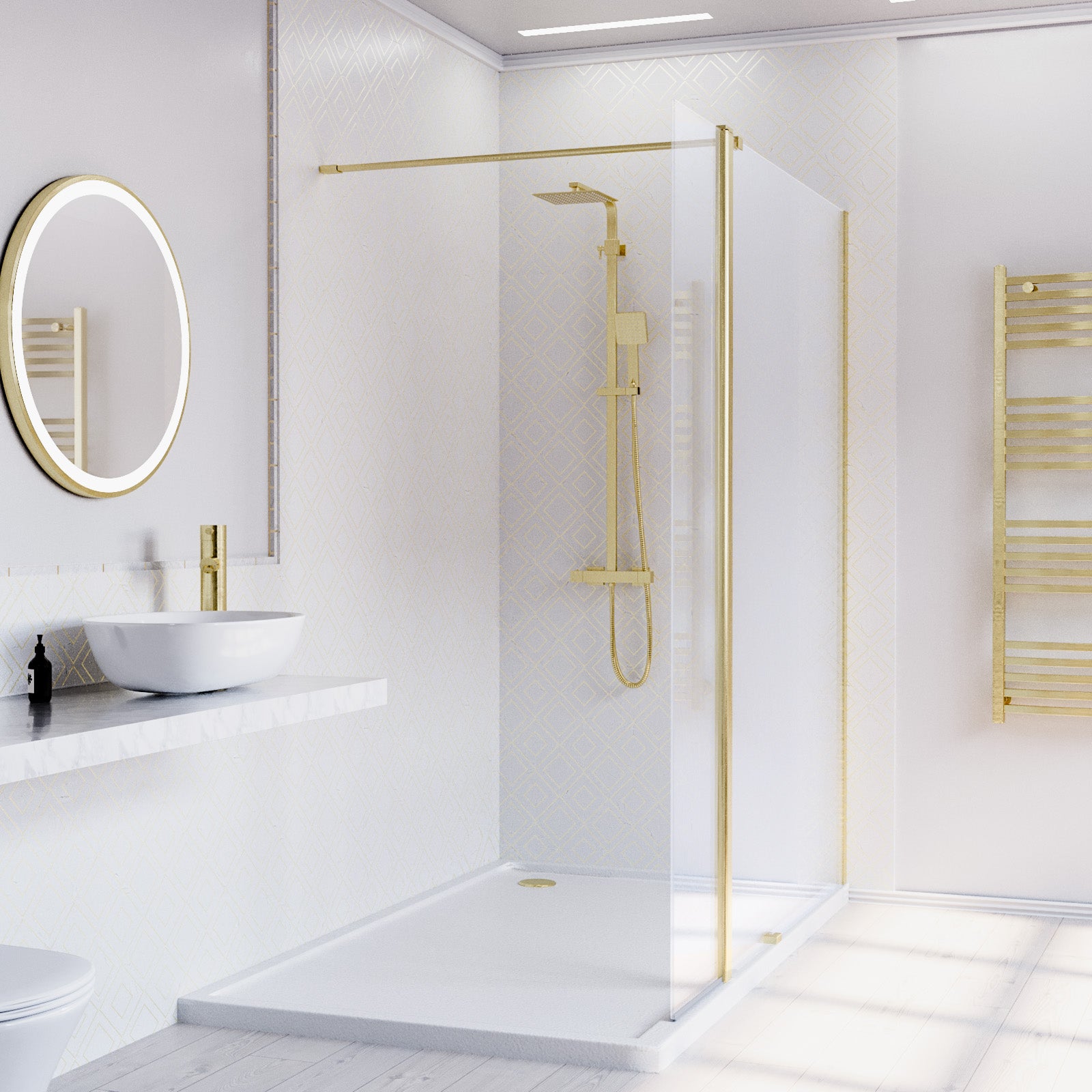 Brushed Brass 1200mm Wet Room Screen 8mm Glass & Flipper Return Panel