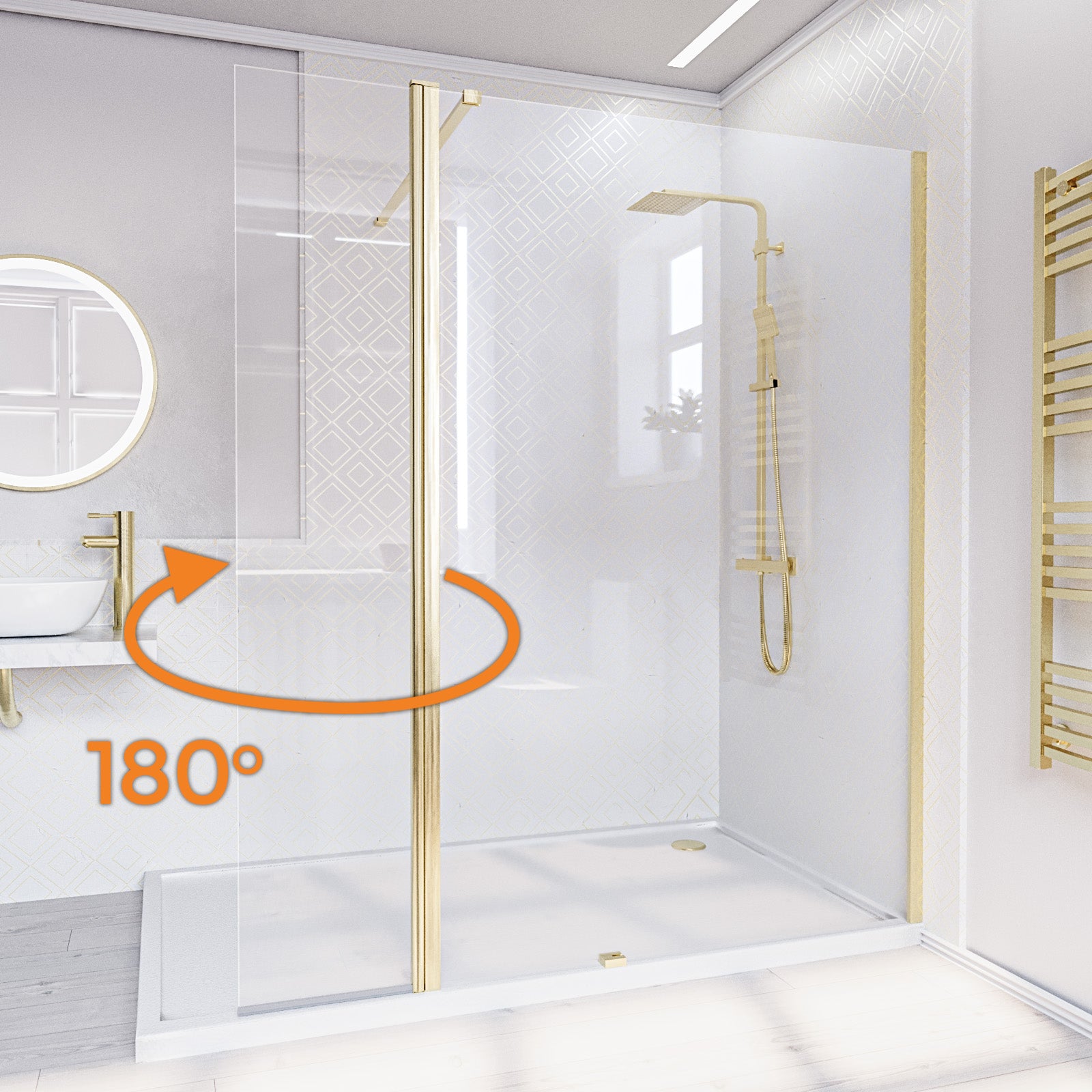 Brushed Brass 1200mm Screen 8mm Tempered Glass With 300mm Flipper Panel