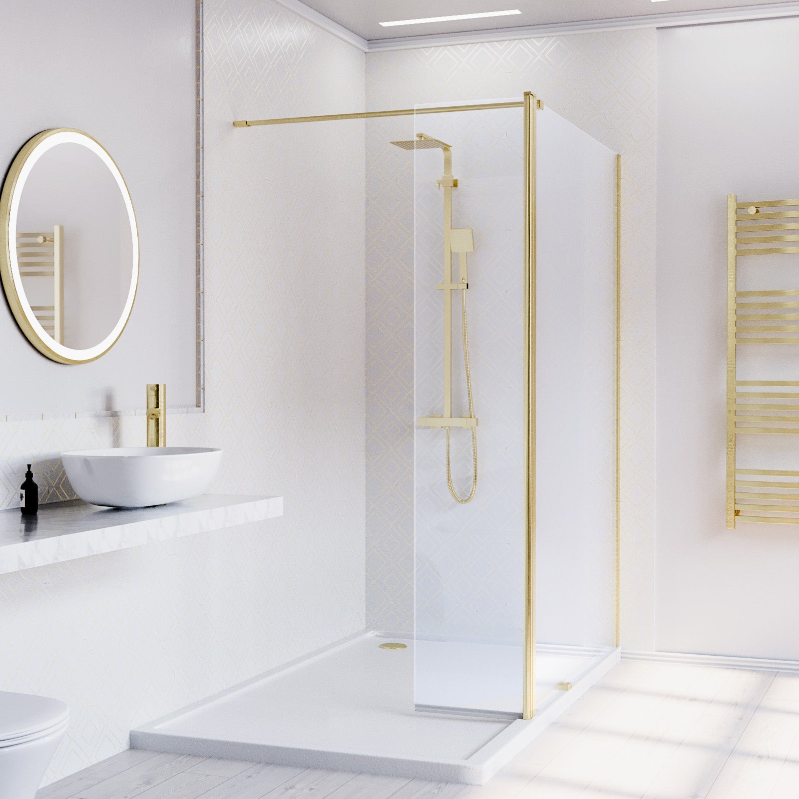 Brushed Brass 1200mm Screen 8mm Tempered Glass With 300mm Flipper Panel