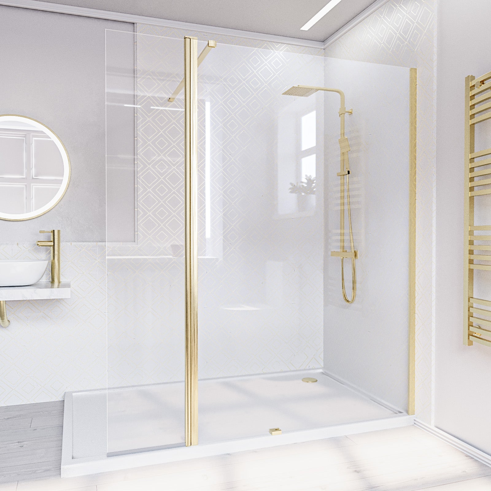 Brushed Brass 1200mm Screen 8mm Tempered Glass With 300mm Flipper Panel