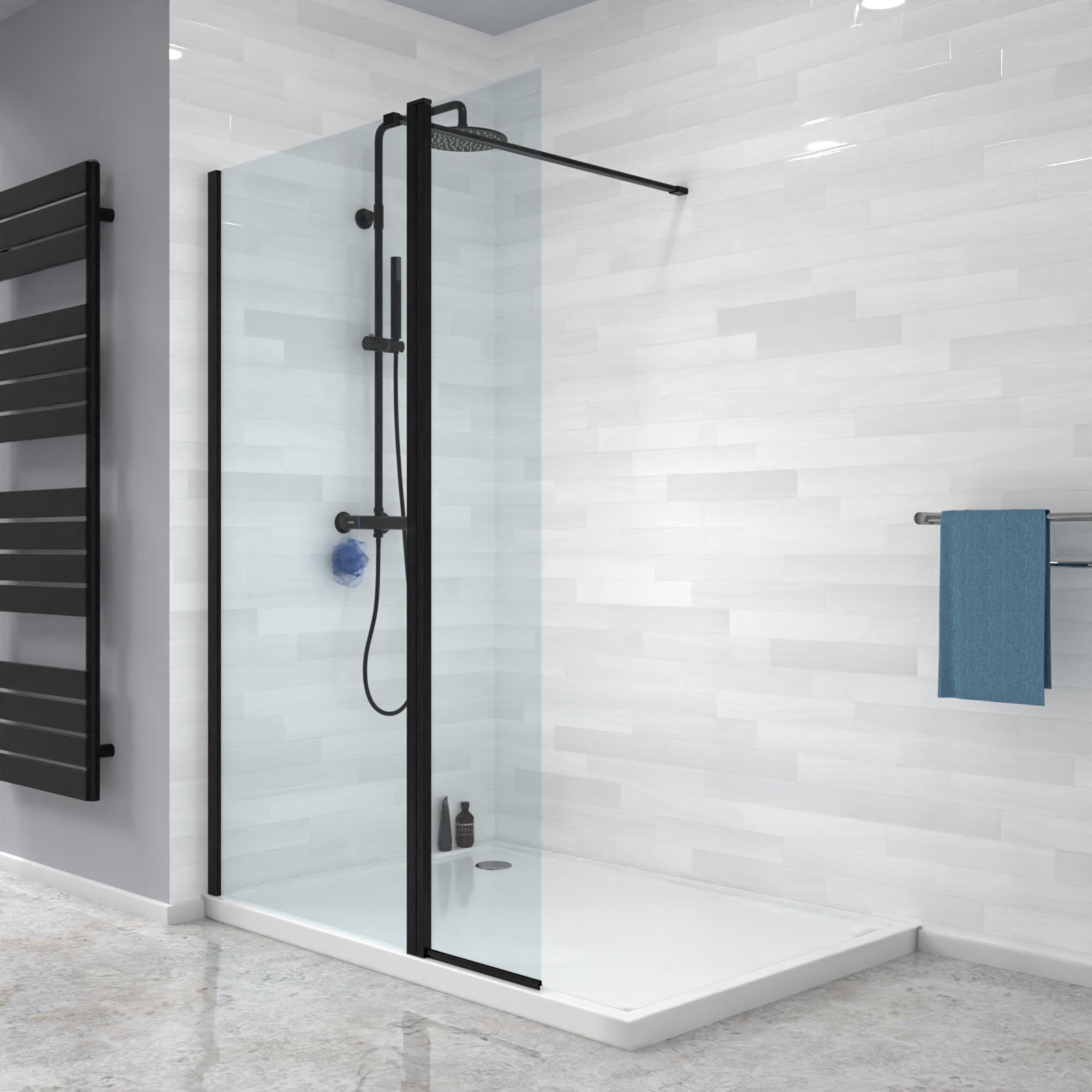 Modern bathroom with a shower enclosure, black faucet