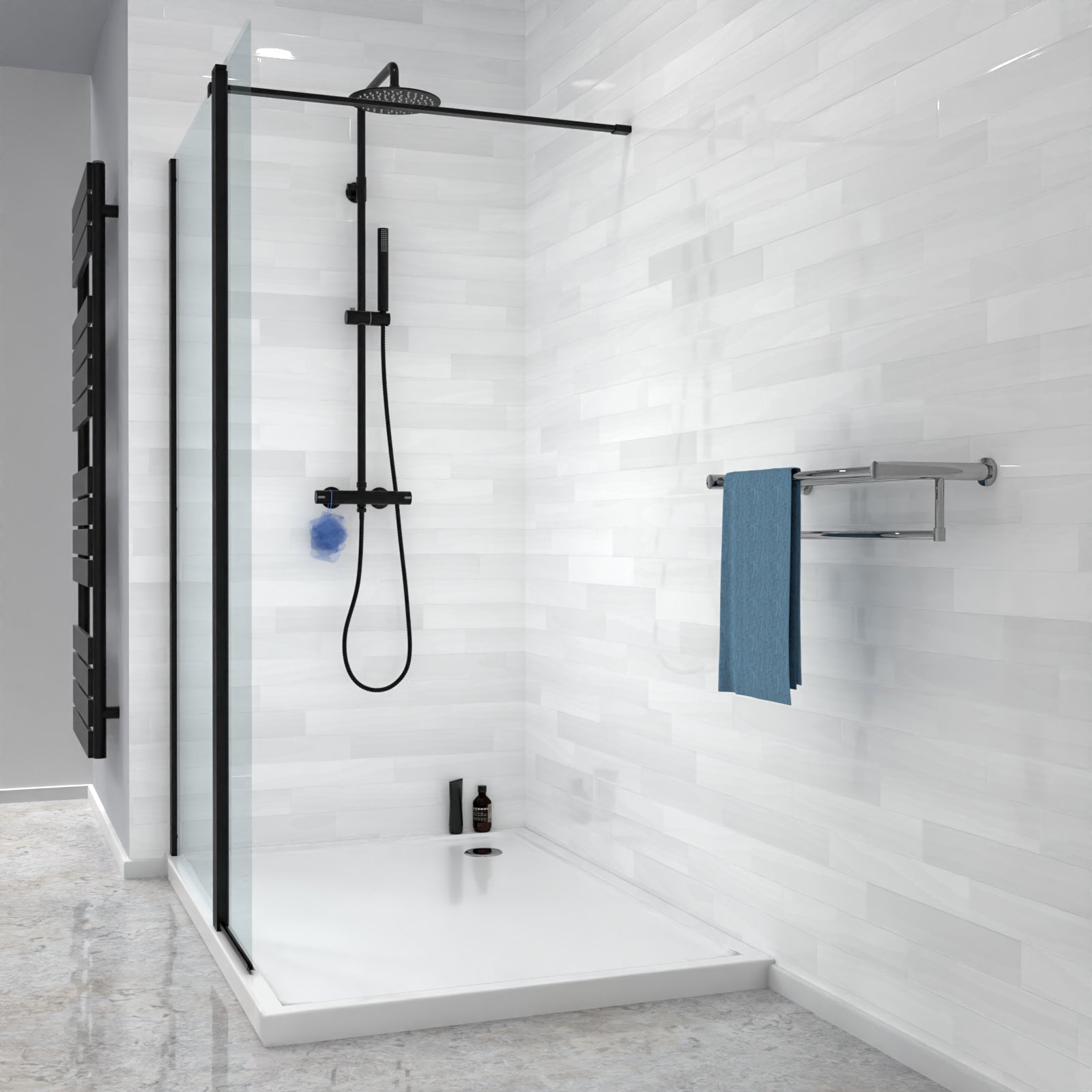 Modern shower setup with glass enclosure, black fixtures