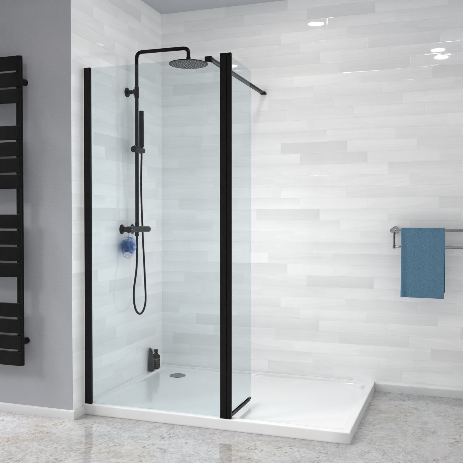 Magna Black 700mm Shower 8mm Tempered Glass Screen With 30omm Flipper Panel