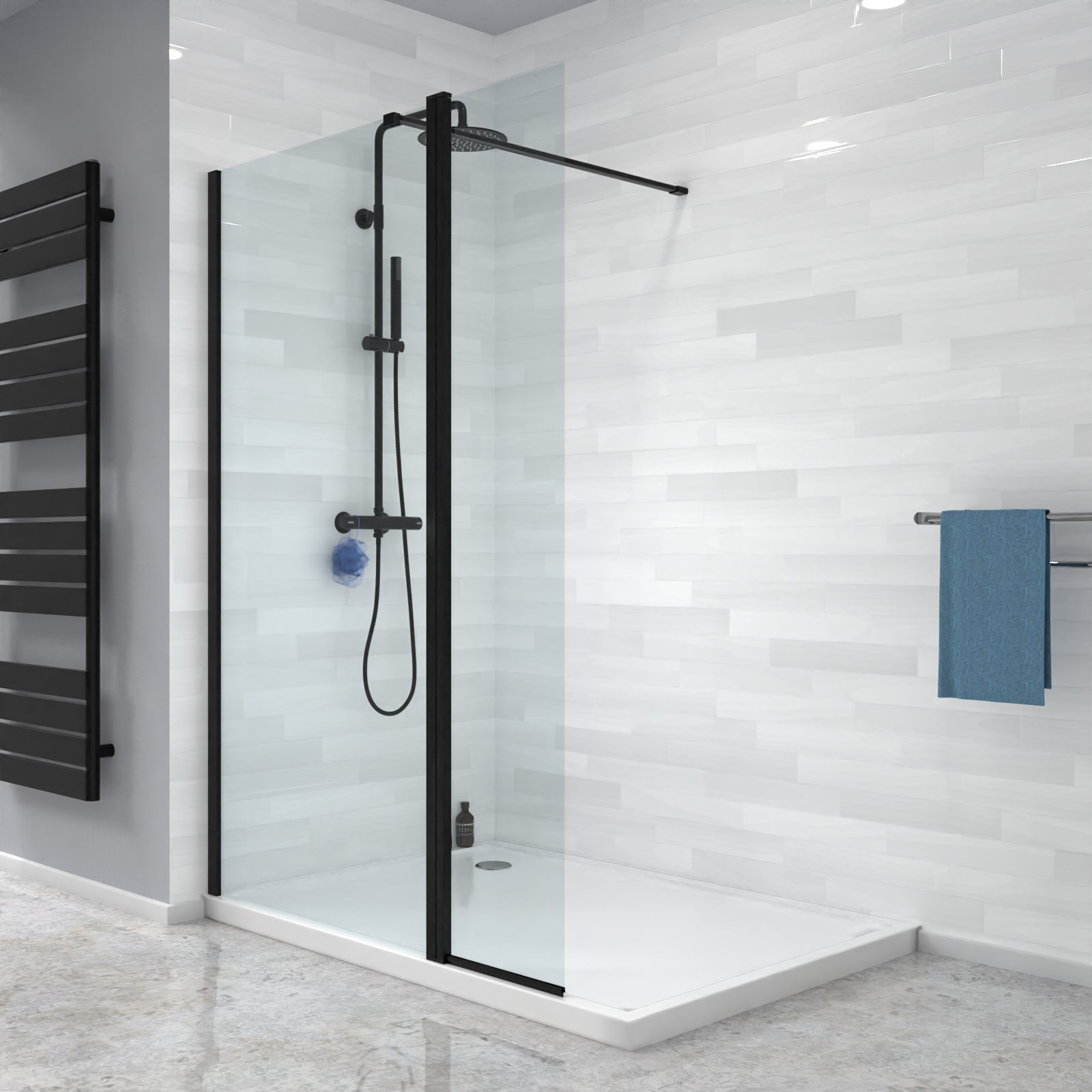 Magna Black 800mm Shower 8mm Tempered Glass Screen With 30omm Flipper Panel