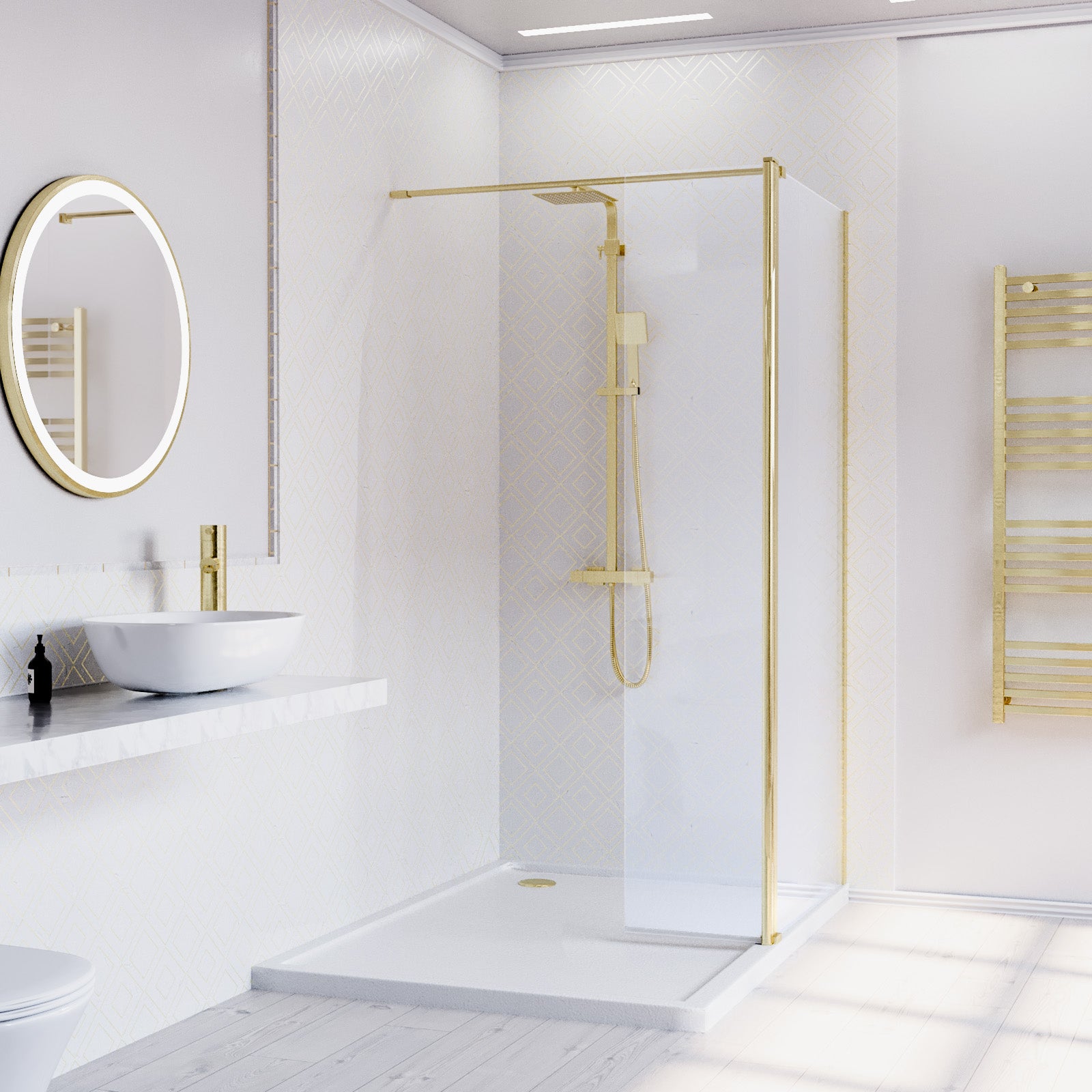 Brushed Brass 800mm Screen 8mm Tempered Glass With 300mm Flipper Panel