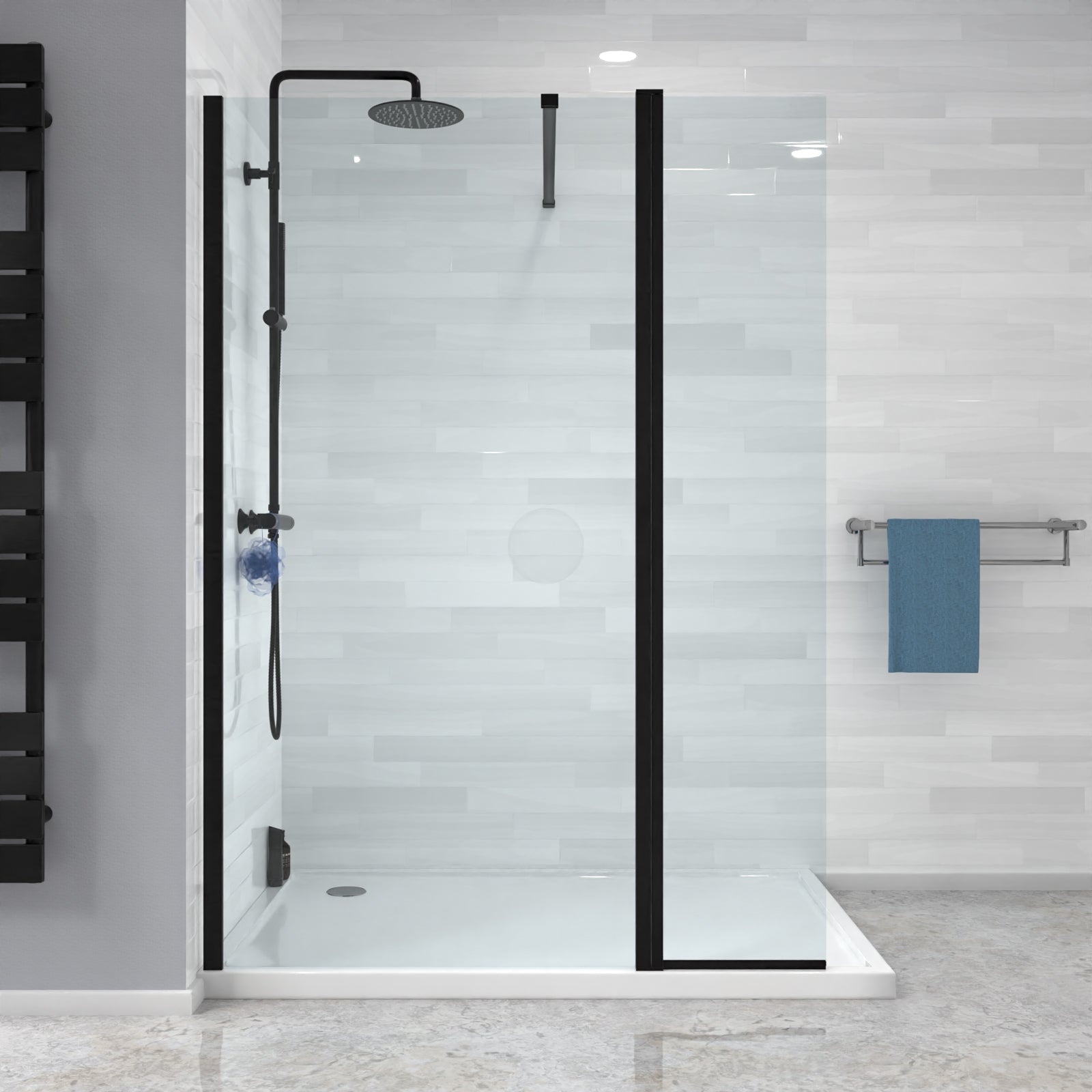 Modern shower setup with glass door, black fixtures, and a towel rack.