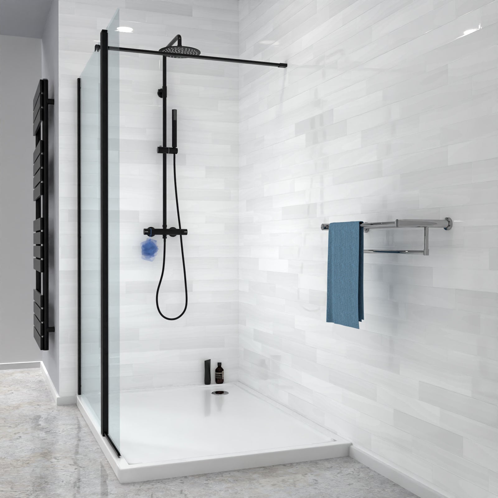 Modern shower setup with glass enclosure, black fixtures, and a towel rack.