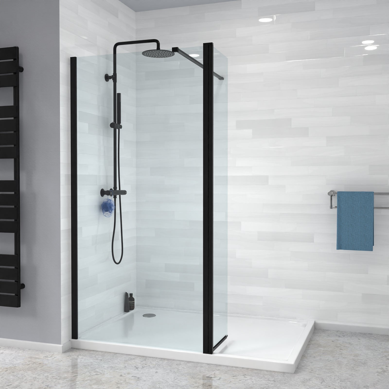 Magna Black 900mm Shower 8mm Tempered Glass Screen With 30omm Flipper Panel