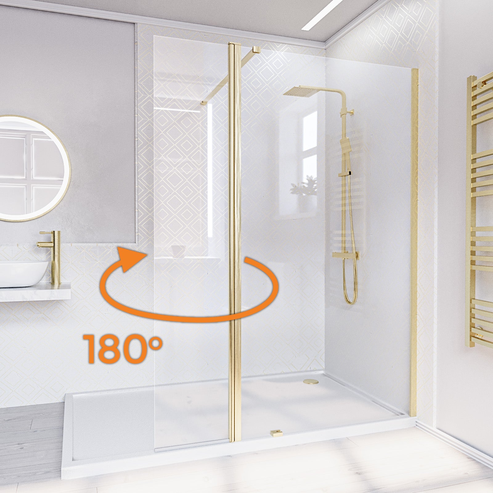 Brushed Brass 900mm Screen 8mm Tempered Glass With 300mm Flipper Panel