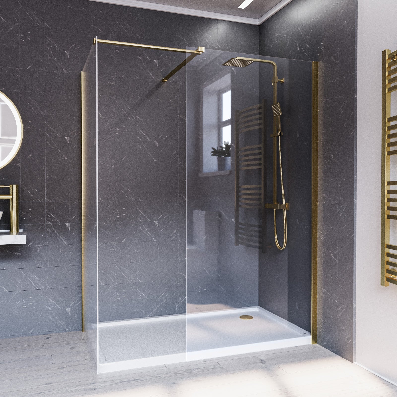 Brushed Brass 900 x 800mm Wet Room Screen 8mm Tempered Glass with Tray