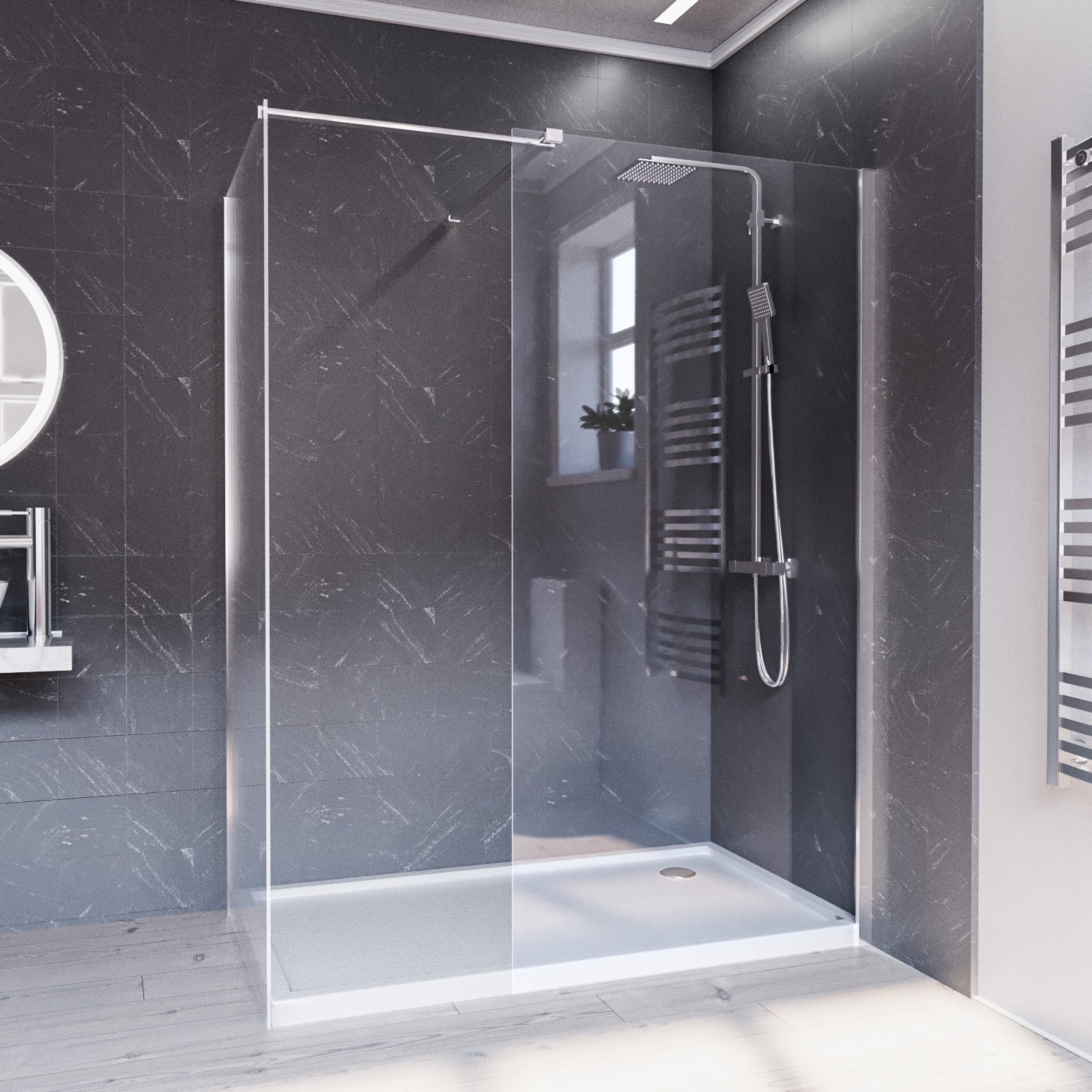 Chrome 900 x 800mm Wet Room Screen 8mm Tempered Glass with Tray