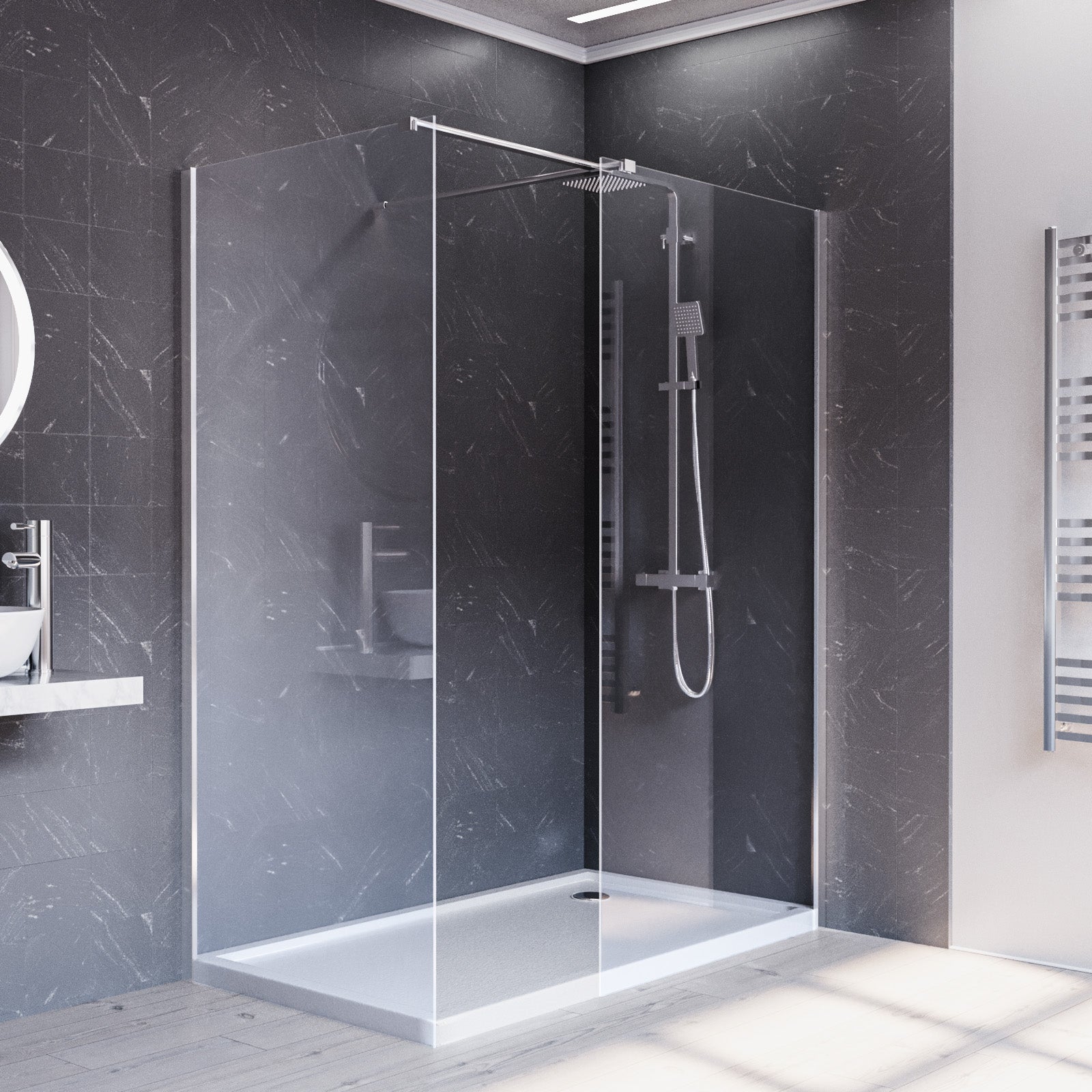 Chrome 900 x 800mm Wet Room Screen 8mm Tempered Glass with Tray