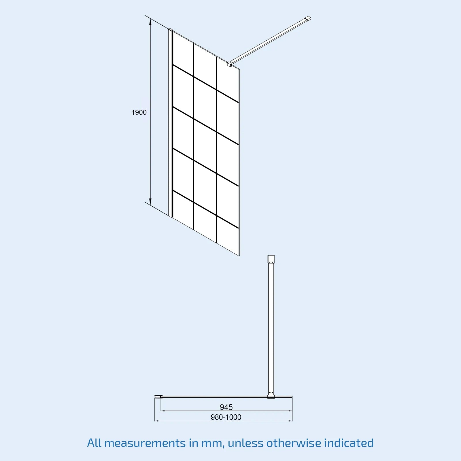 Magna Wet Room 1000 Shower Enclosure Screen Black Grid 8mm & Return Panel