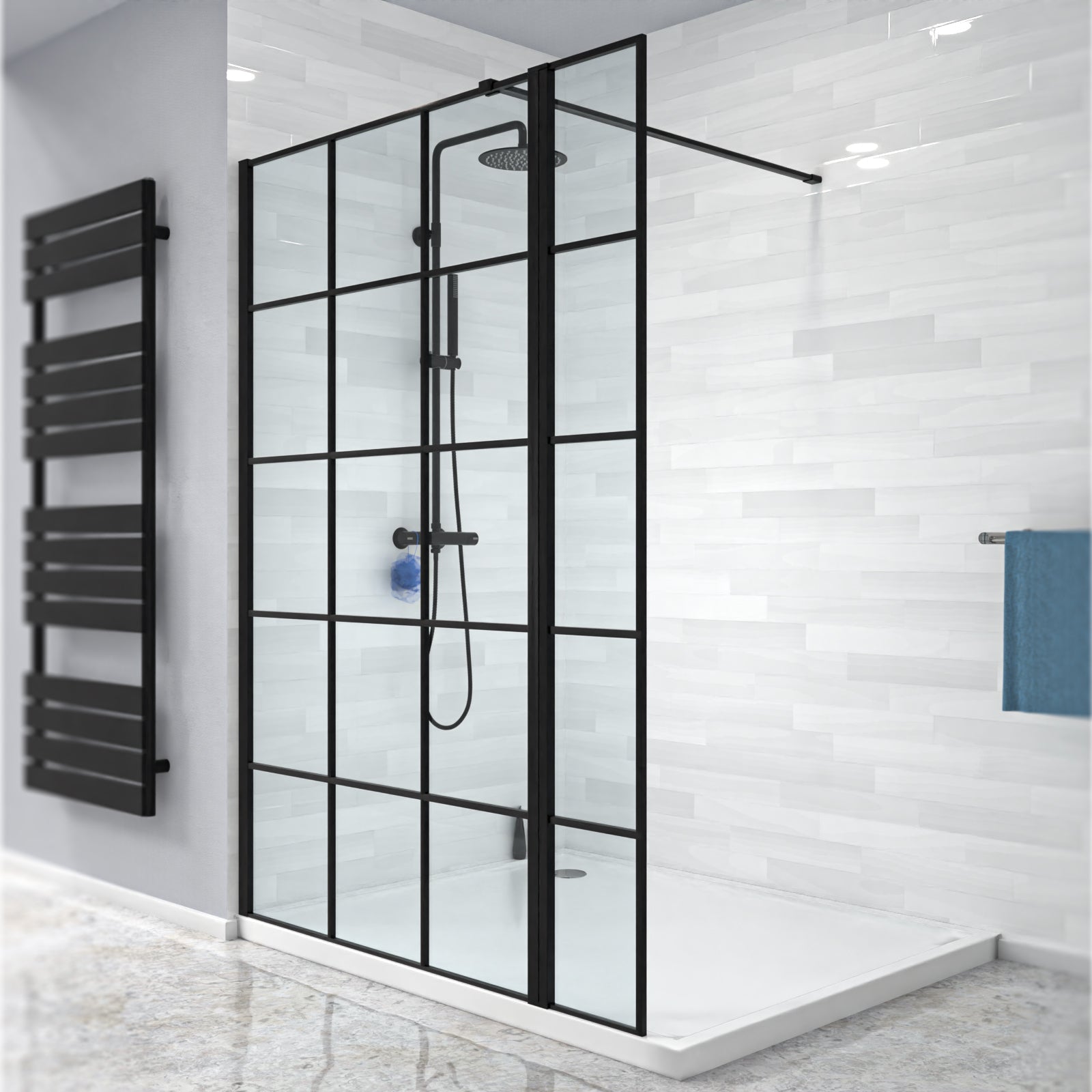 Magna Black Grid 1000mm Shower Screen 8mm Tempered Glass & 300mm Return Panel