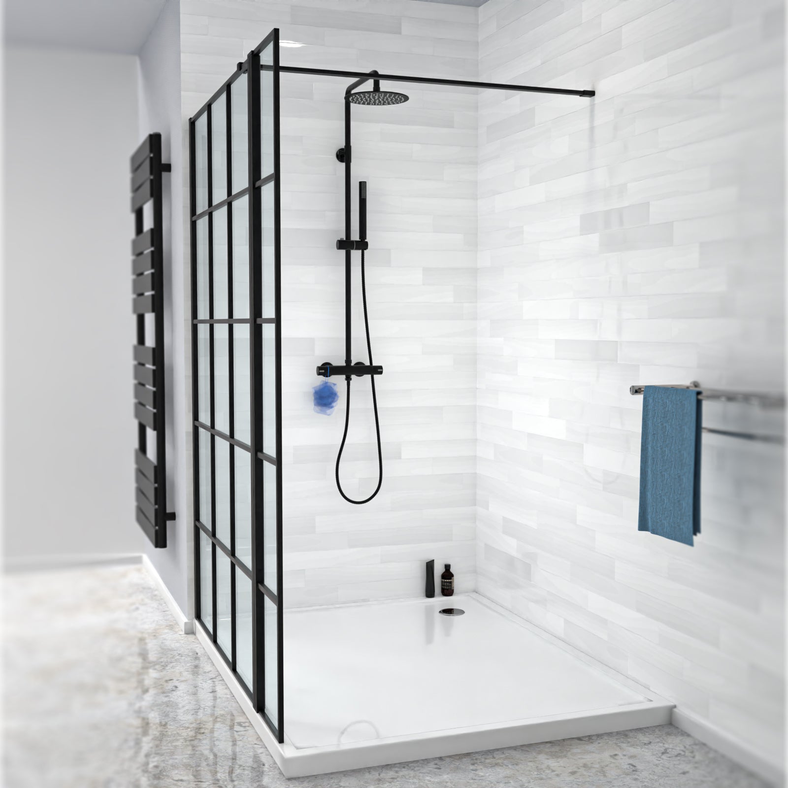 Magna Black Grid 1000mm Shower Screen 8mm Tempered Glass & 300mm Return Panel