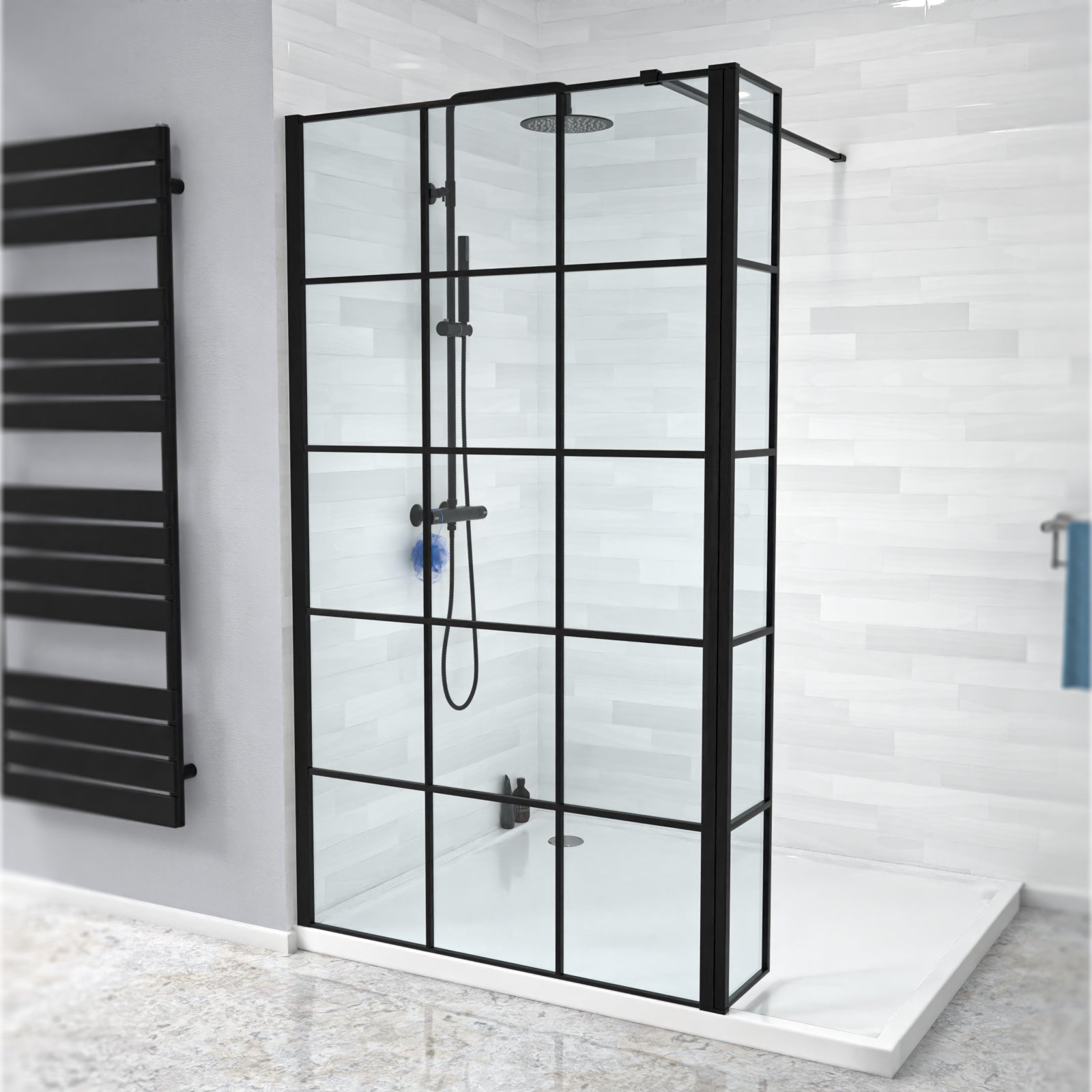 Magna Black Grid 1000mm Shower Screen 8mm Tempered Glass & 300mm Return Panel