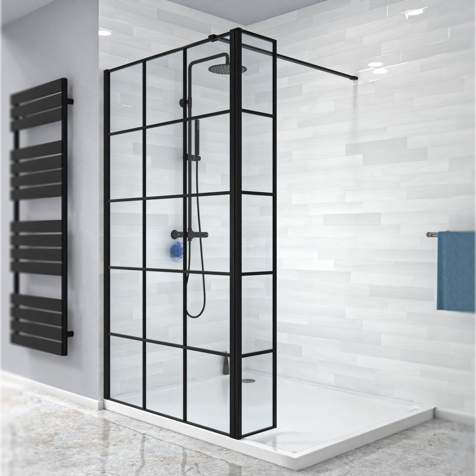 Magna Black Grid 1000mm Shower Screen 8mm Tempered Glass & 300mm Return Panel