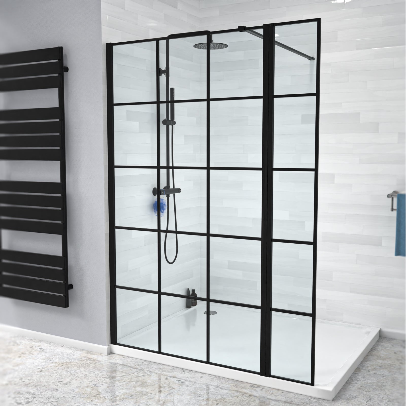 Magna Black Grid 1000mm Shower Screen 8mm Tempered Glass & 300mm Return Panel
