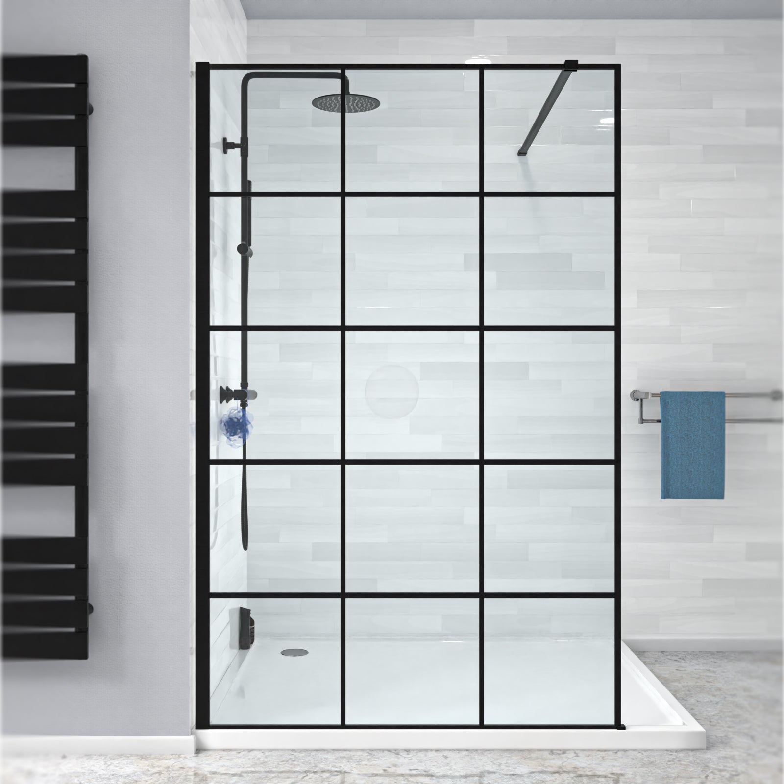 Stanley Black Grid 1200mm Shower Screen 8mm Tempered Glass with Support Bar