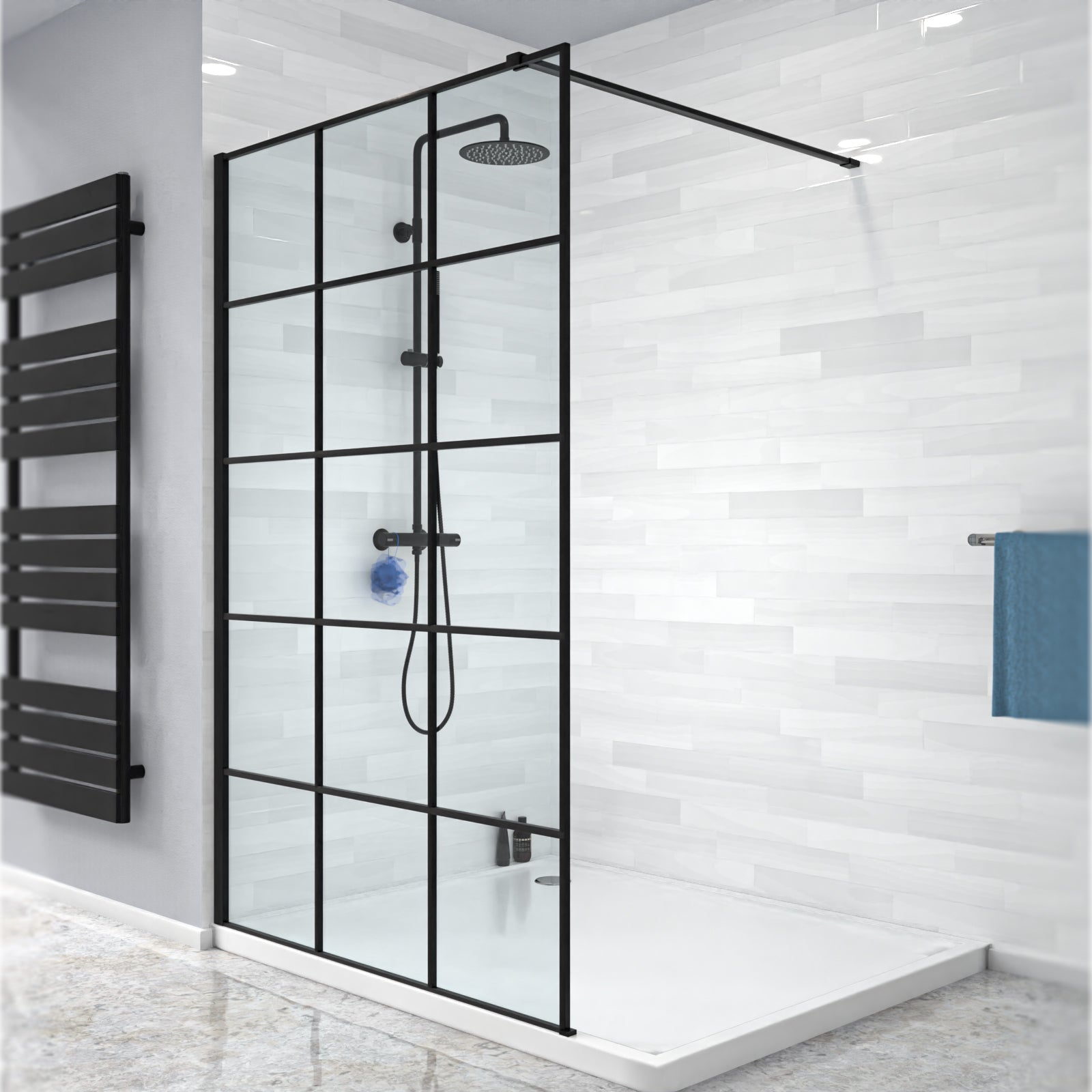 Stanley Black Grid 1200mm Shower Screen 8mm Tempered Glass with Support Bar