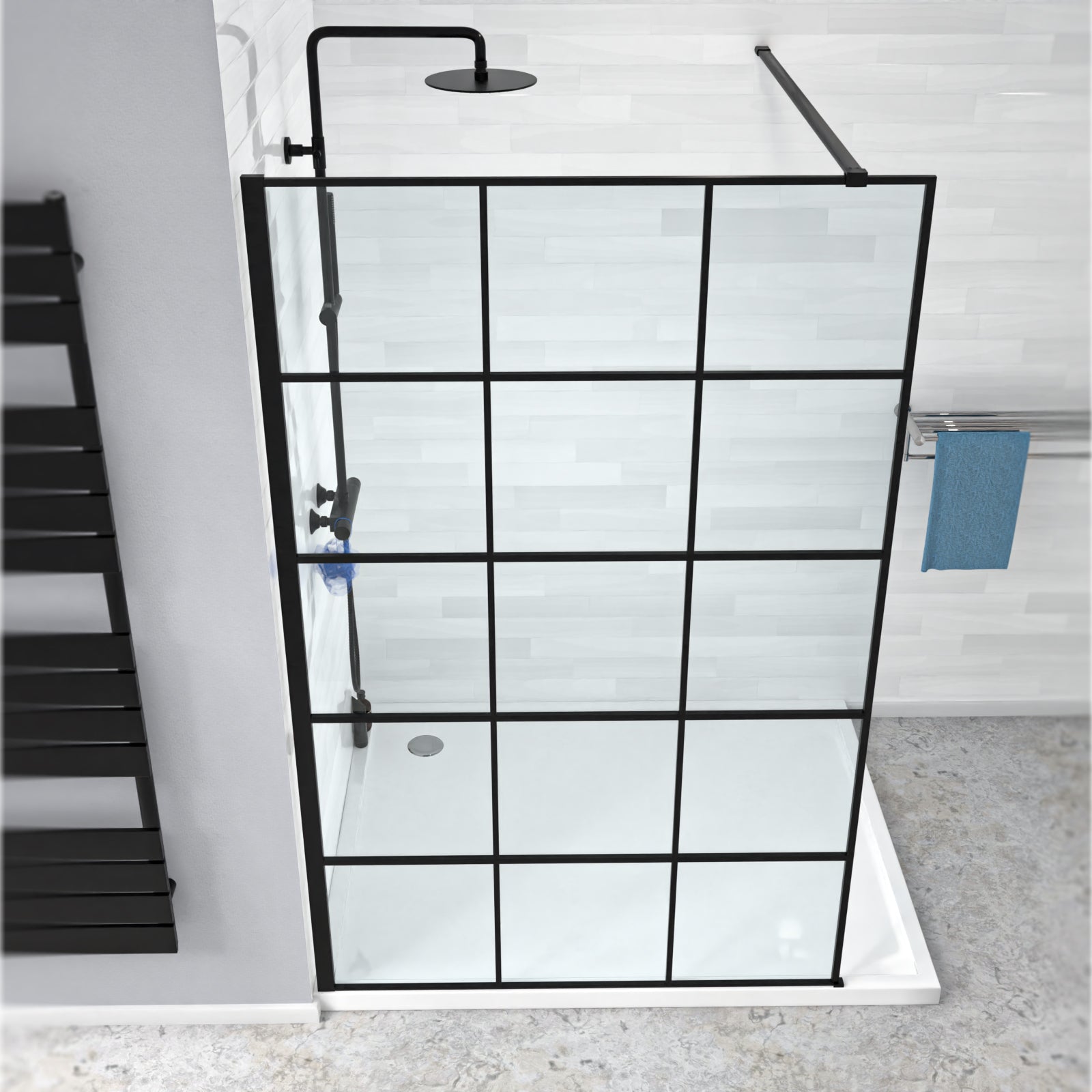 Stanley Black Grid 1200mm Shower Screen 8mm Tempered Glass with Support Bar