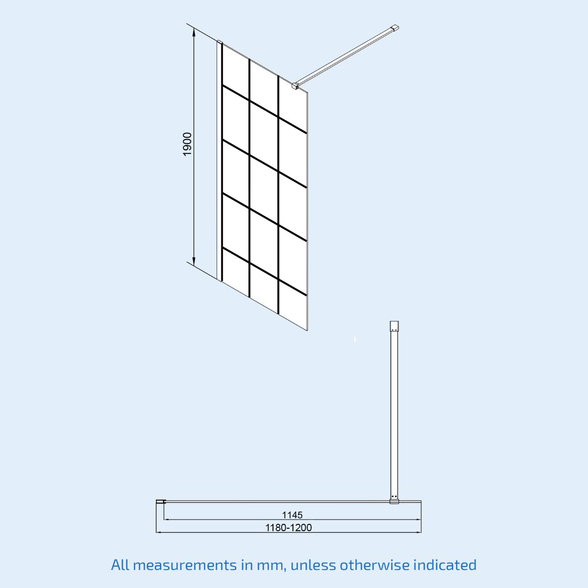 Magna Wet Room 1200 Shower Enclosure Screen Black Grid 8mm & Return Panel