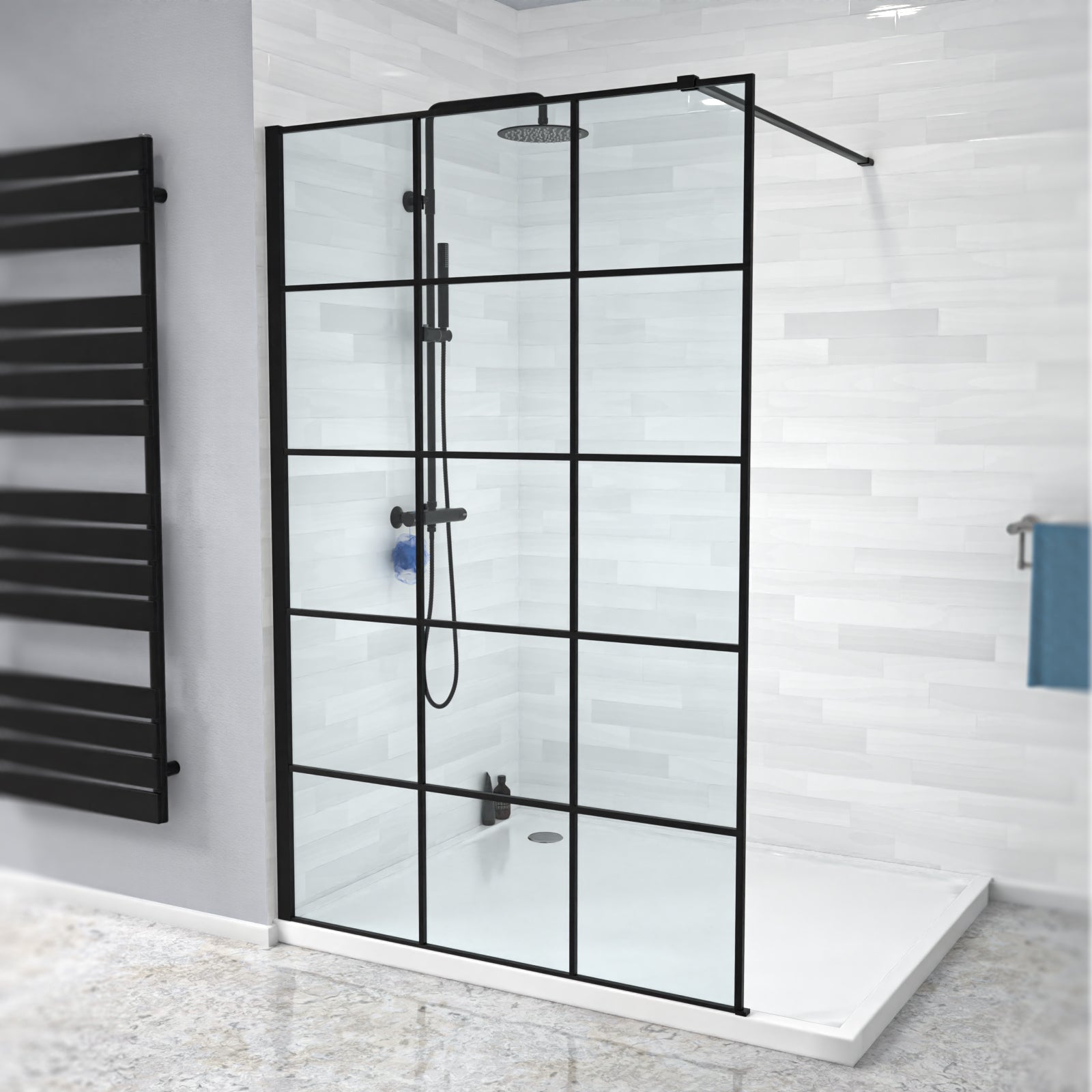 Stanley Black Grid 1200mm Shower Screen 8mm Tempered Glass with Support Bar