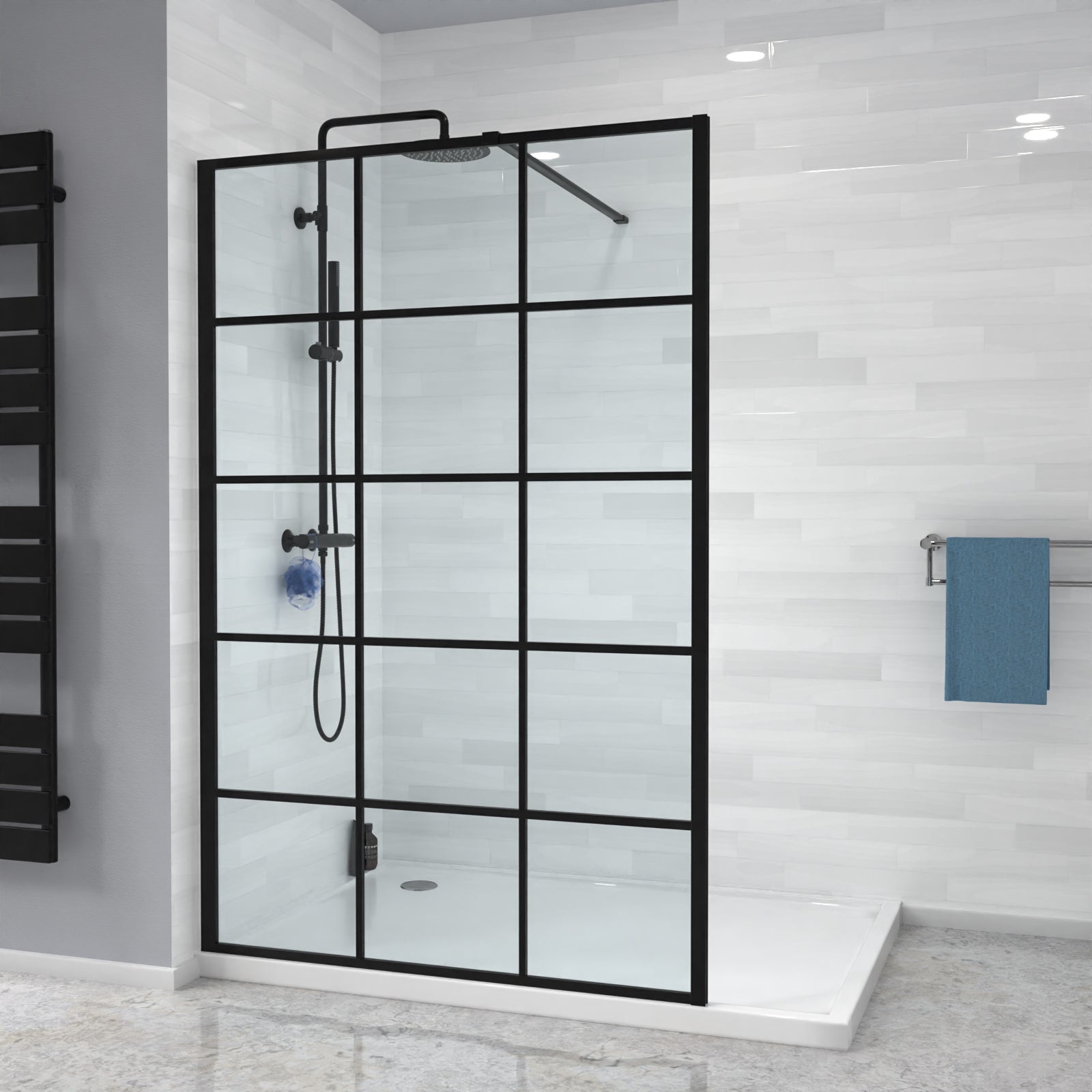 Stanley Black Grid Framed Walk-In Shower Enclosure with Support Bar