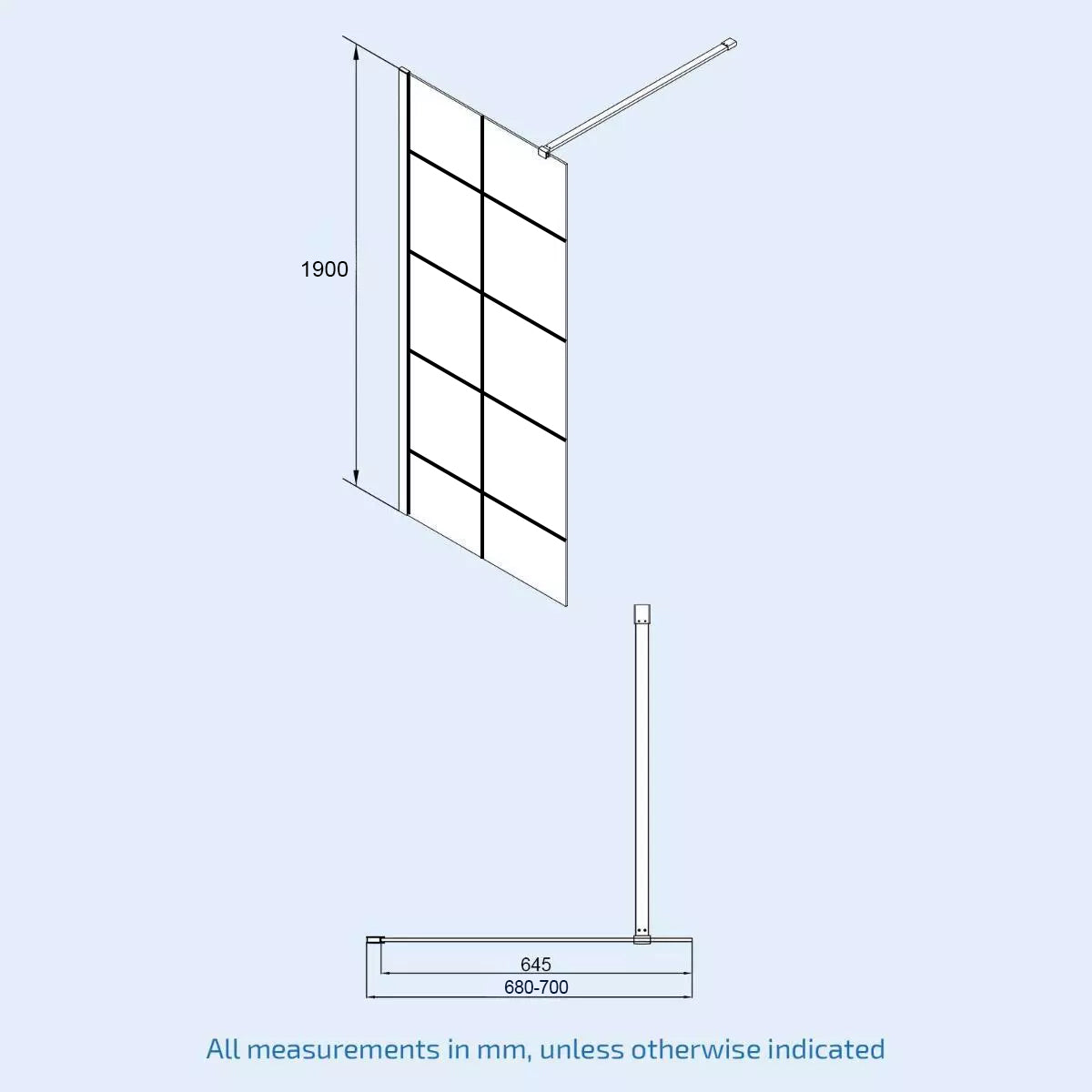 Magna Wet Room Black Grid 700mm Shower Screen 8mm Tempered Glass & Return Panel