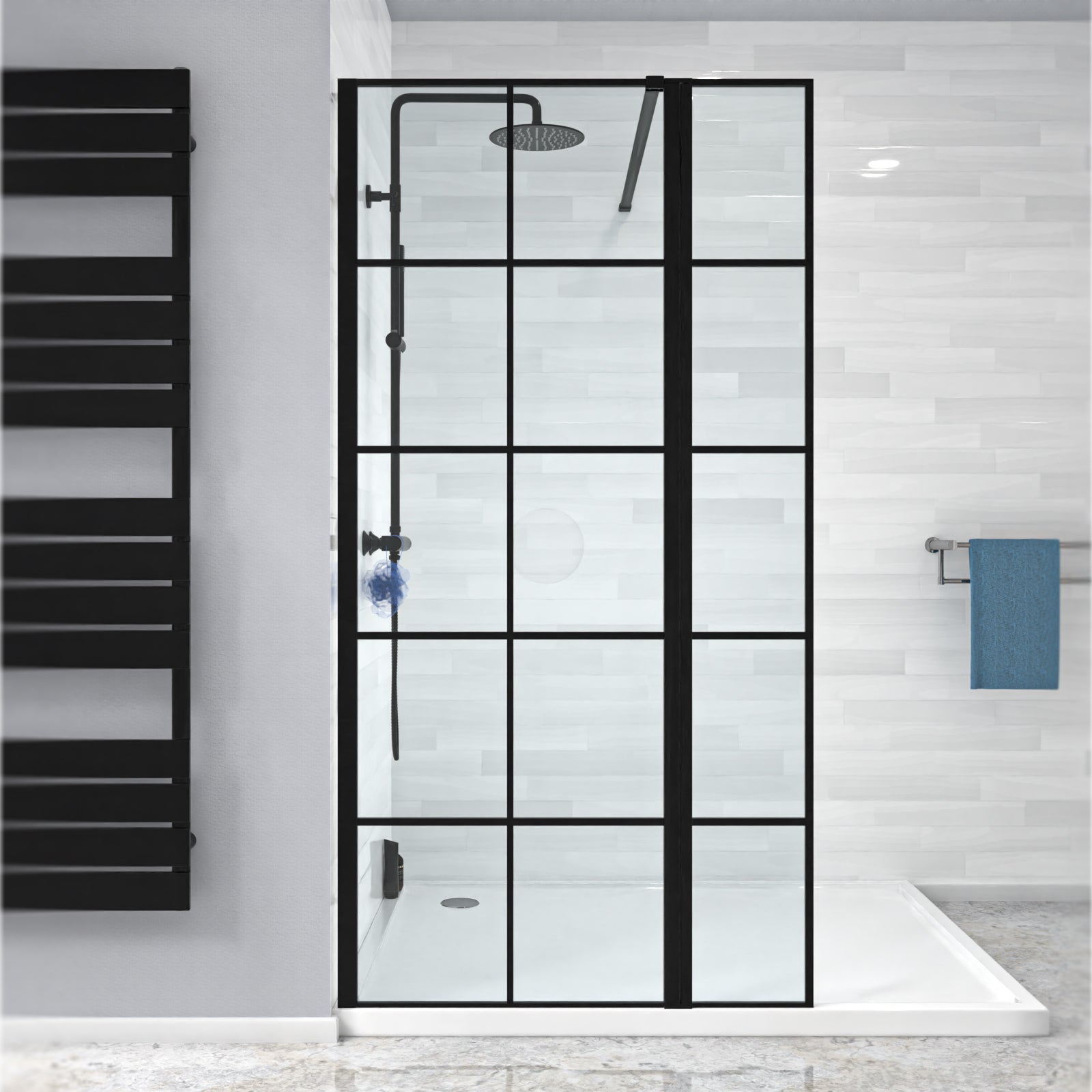 Magna Black Grid 700mm Shower Screen 8mm Tempered Glass & 300mm Return Panel