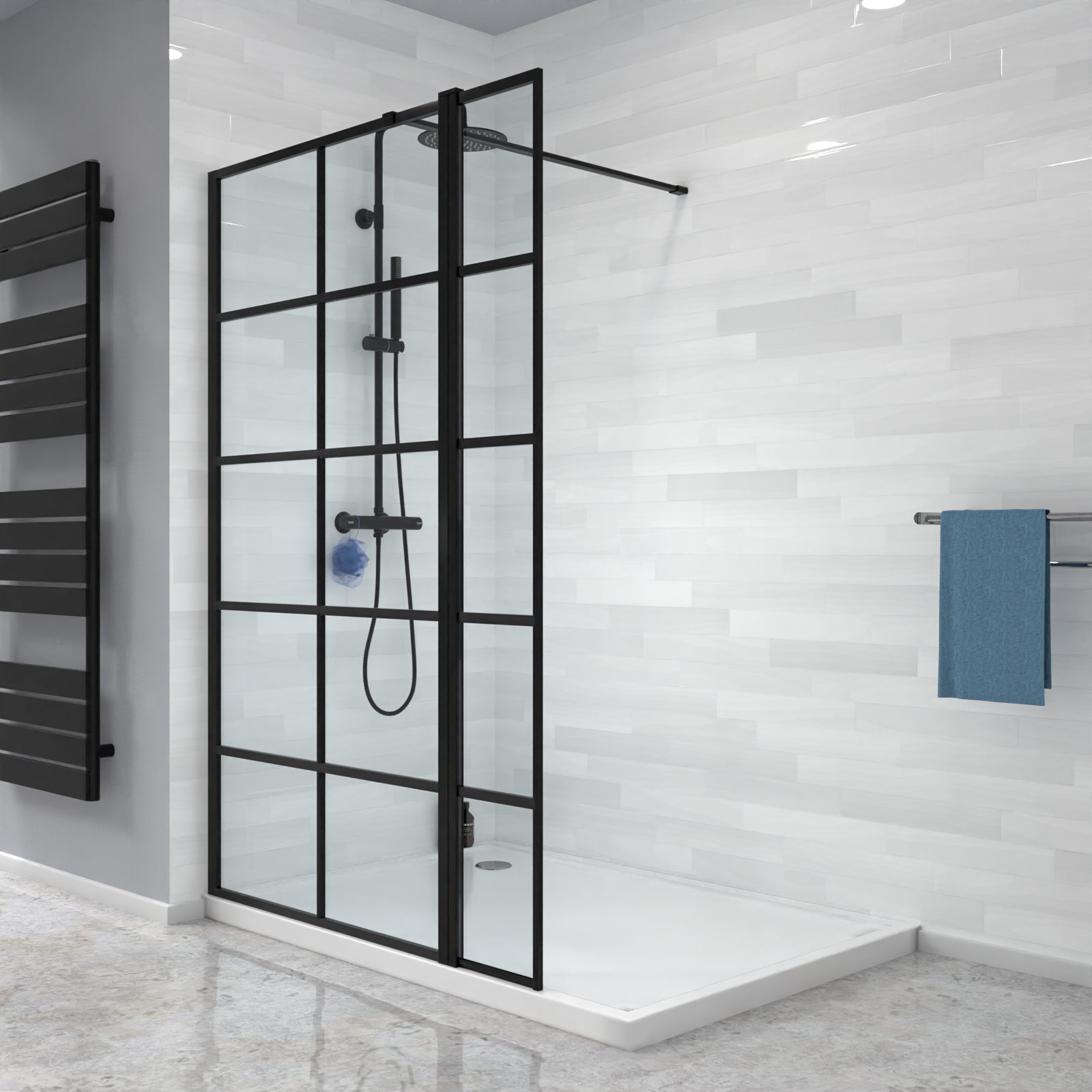 Magna Wet Room Black Grid 700mm Shower Screen 8mm Tempered Glass & Return Panel