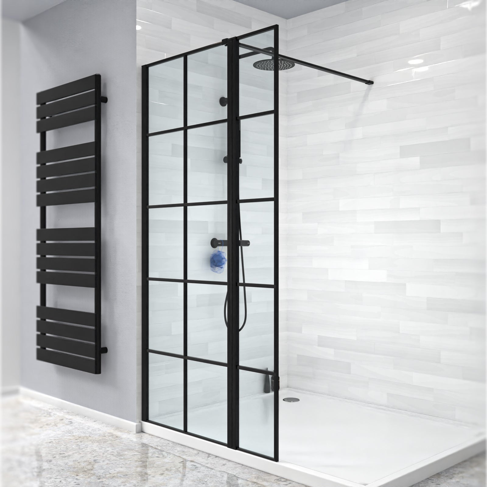 Magna Black Grid 700mm Shower Screen 8mm Tempered Glass & 300mm Return Panel