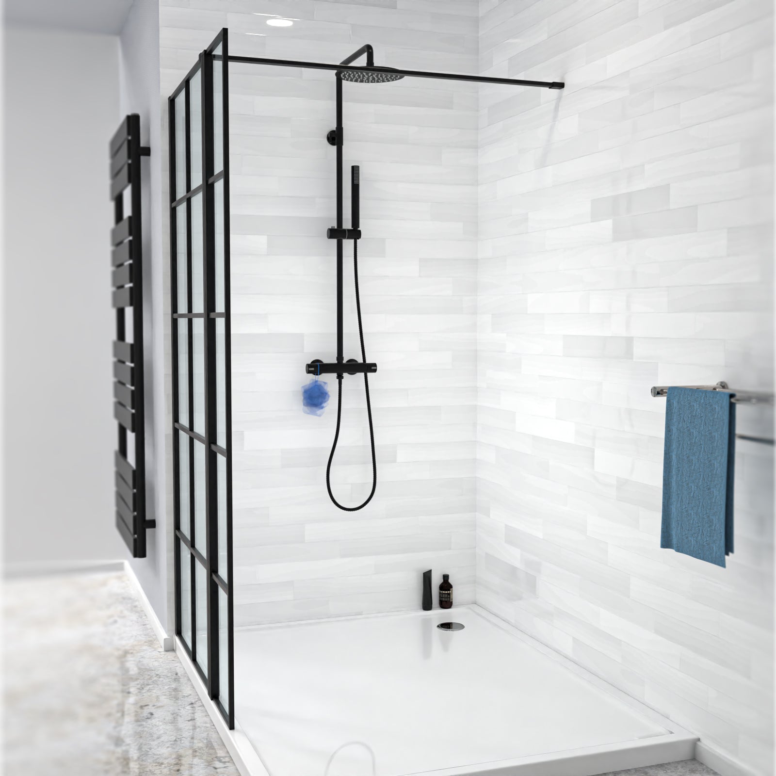 Magna Black Grid 900mm Shower Screen 8mm Tempered Glass & 300mm Return Panel