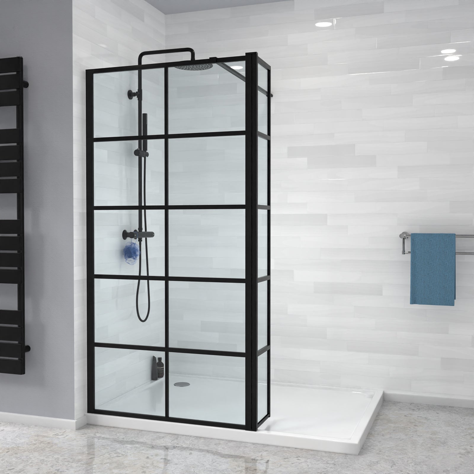 Magna Wet Room Black Grid 700mm Shower Screen 8mm Tempered Glass & Return Panel
