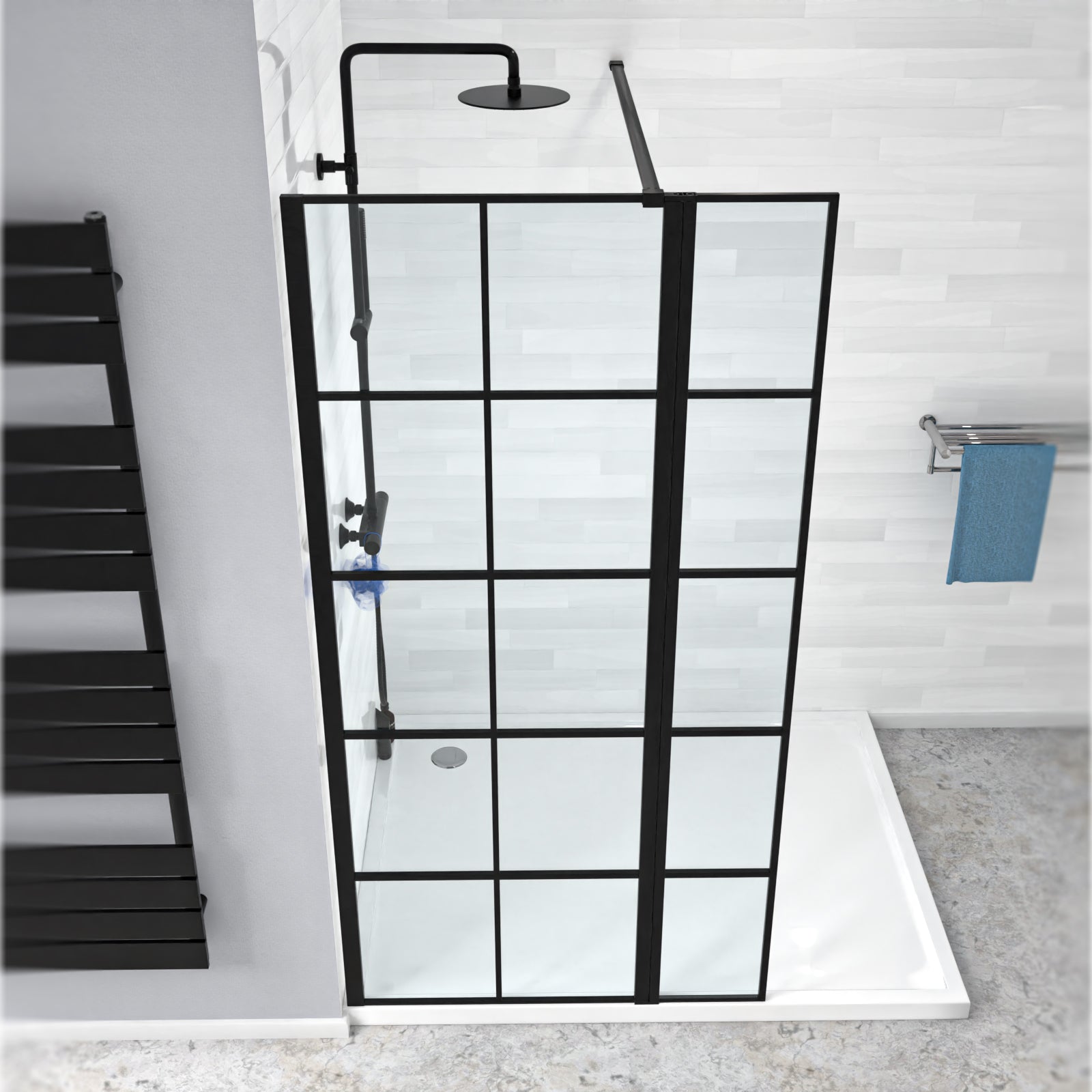 Magna Black Grid 700mm Shower Screen 8mm Tempered Glass & 300mm Return Panel