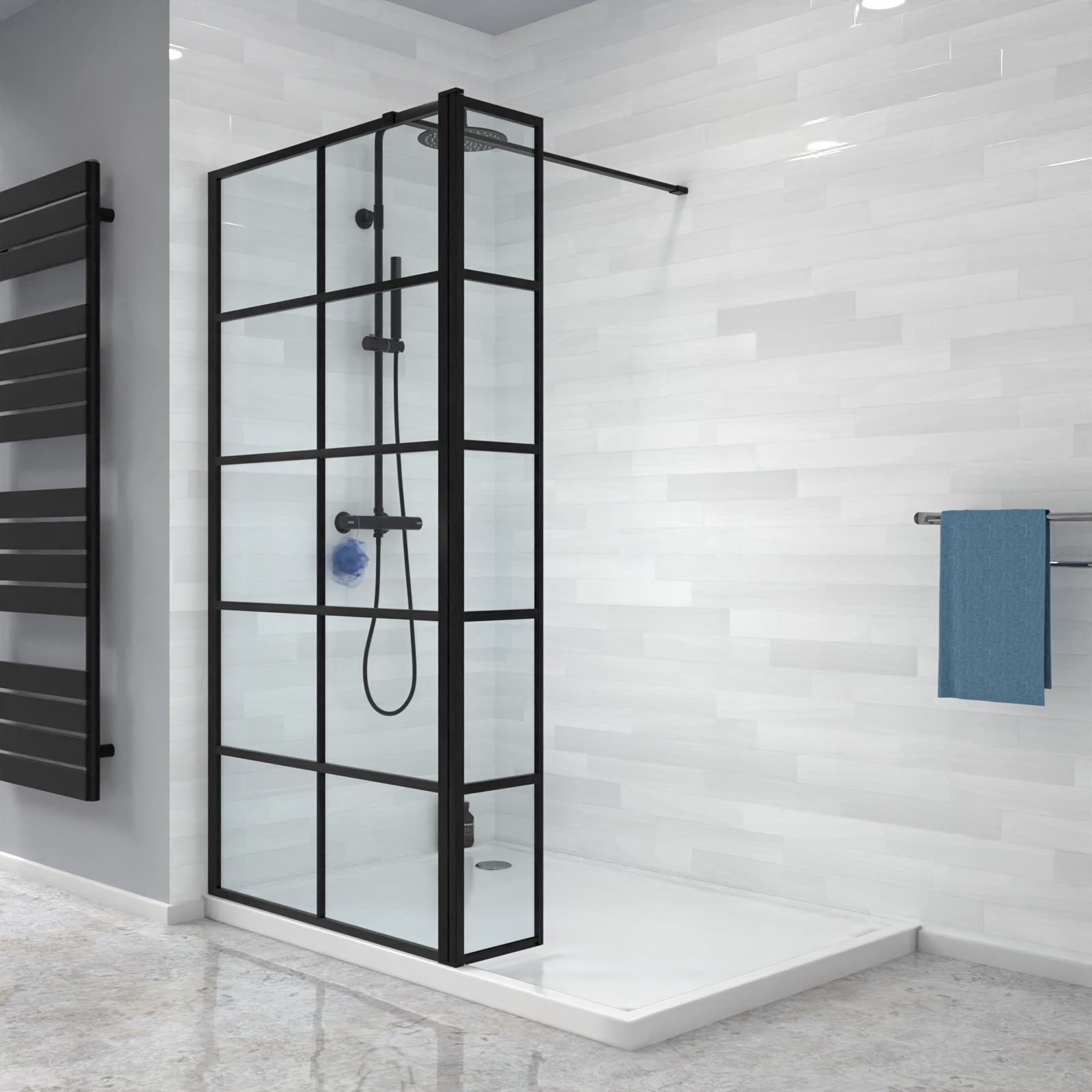 Magna Wet Room Black Grid 700mm Shower Screen 8mm Tempered Glass & Return Panel