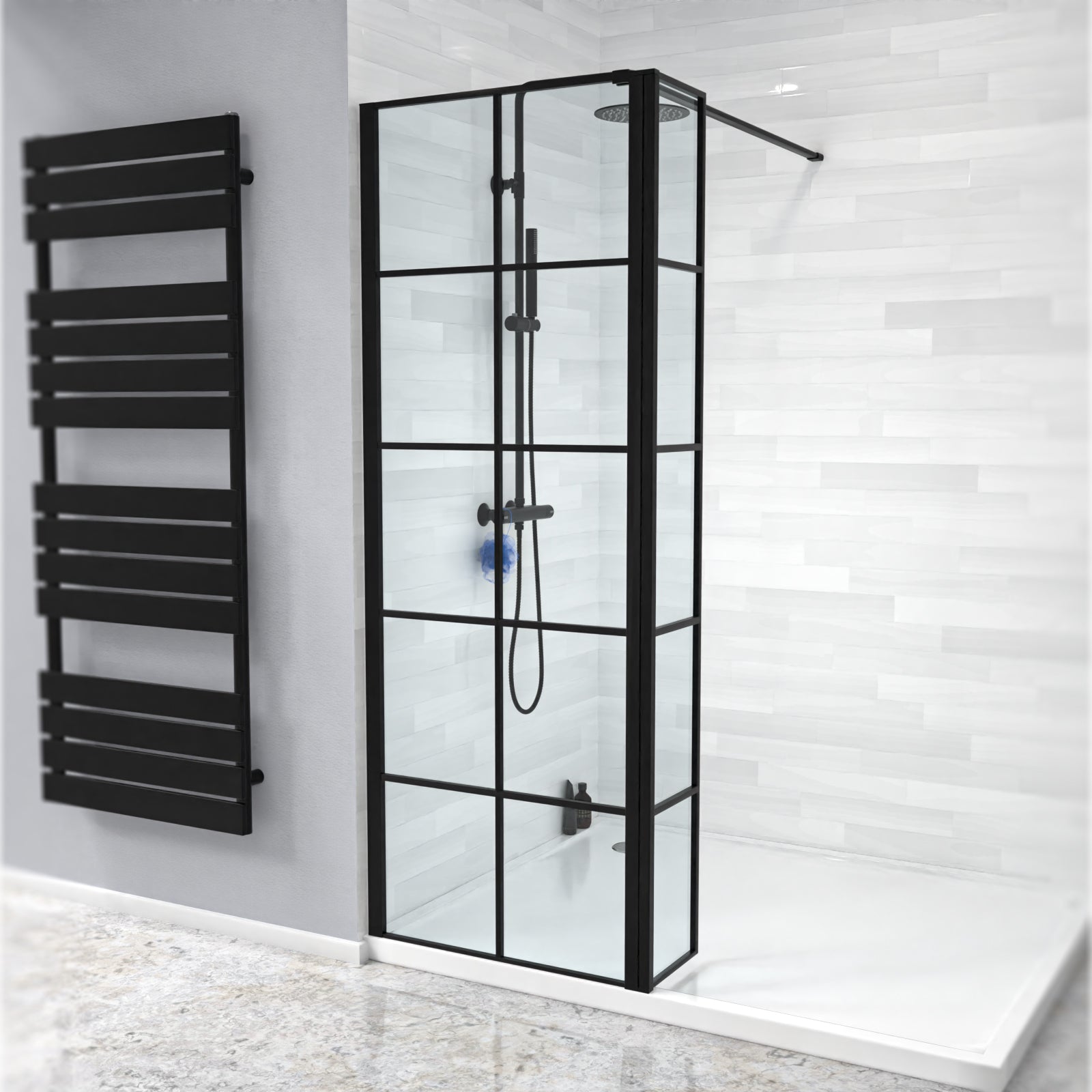 Magna Black Grid 700mm Shower Screen 8mm Tempered Glass & 300mm Return Panel