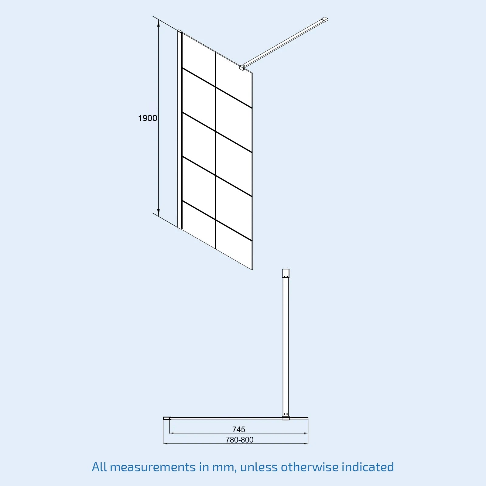Magna Black Grid 800mm Shower Screen 8mm Tempered Glass & 300mm Return Panel