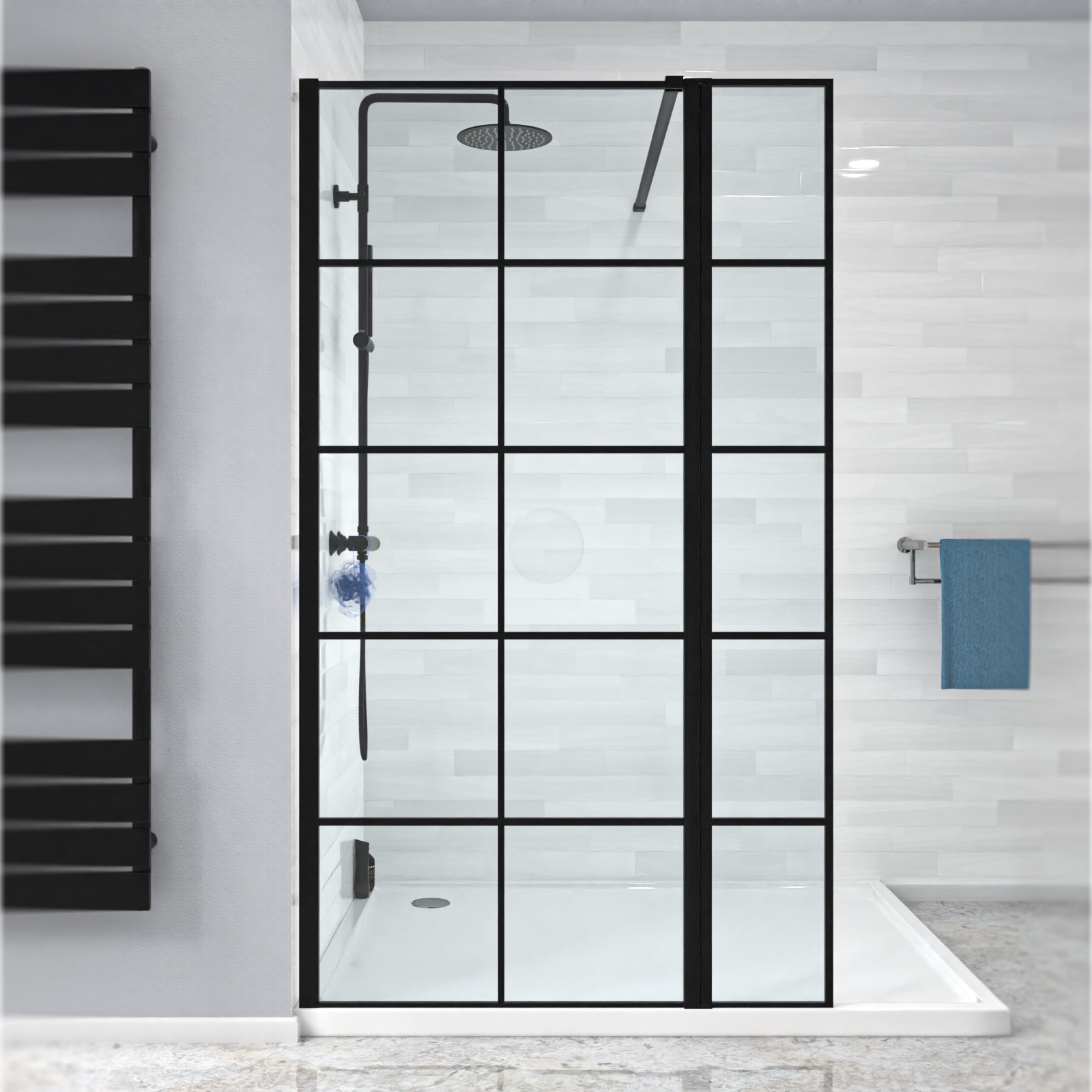 Magna Black Grid 800mm Shower Screen 8mm Tempered Glass & 300mm Return Panel