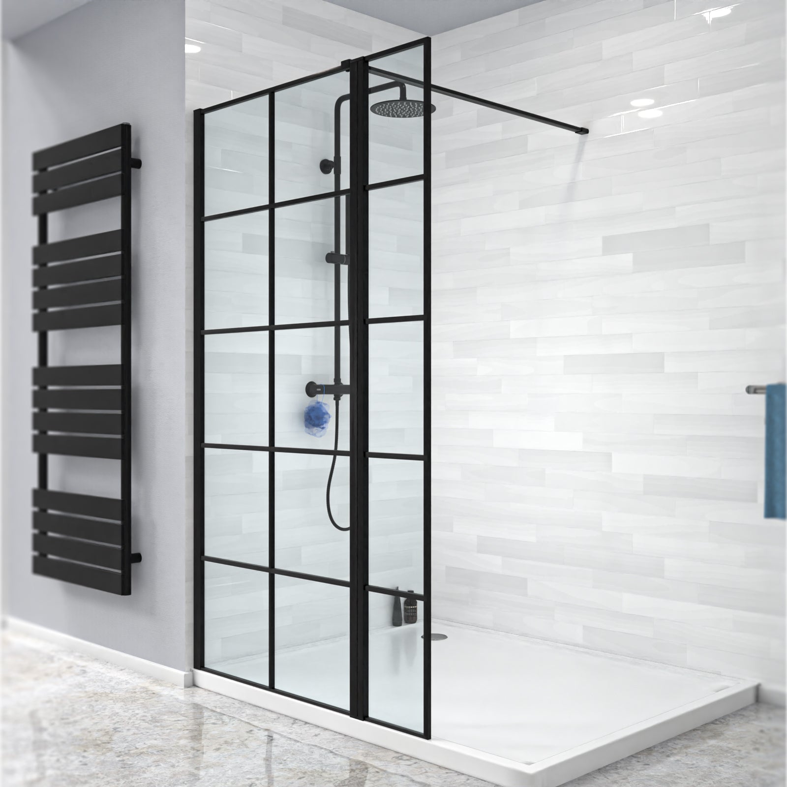 Magna Black Grid 800mm Shower Screen 8mm Tempered Glass & 300mm Return Panel