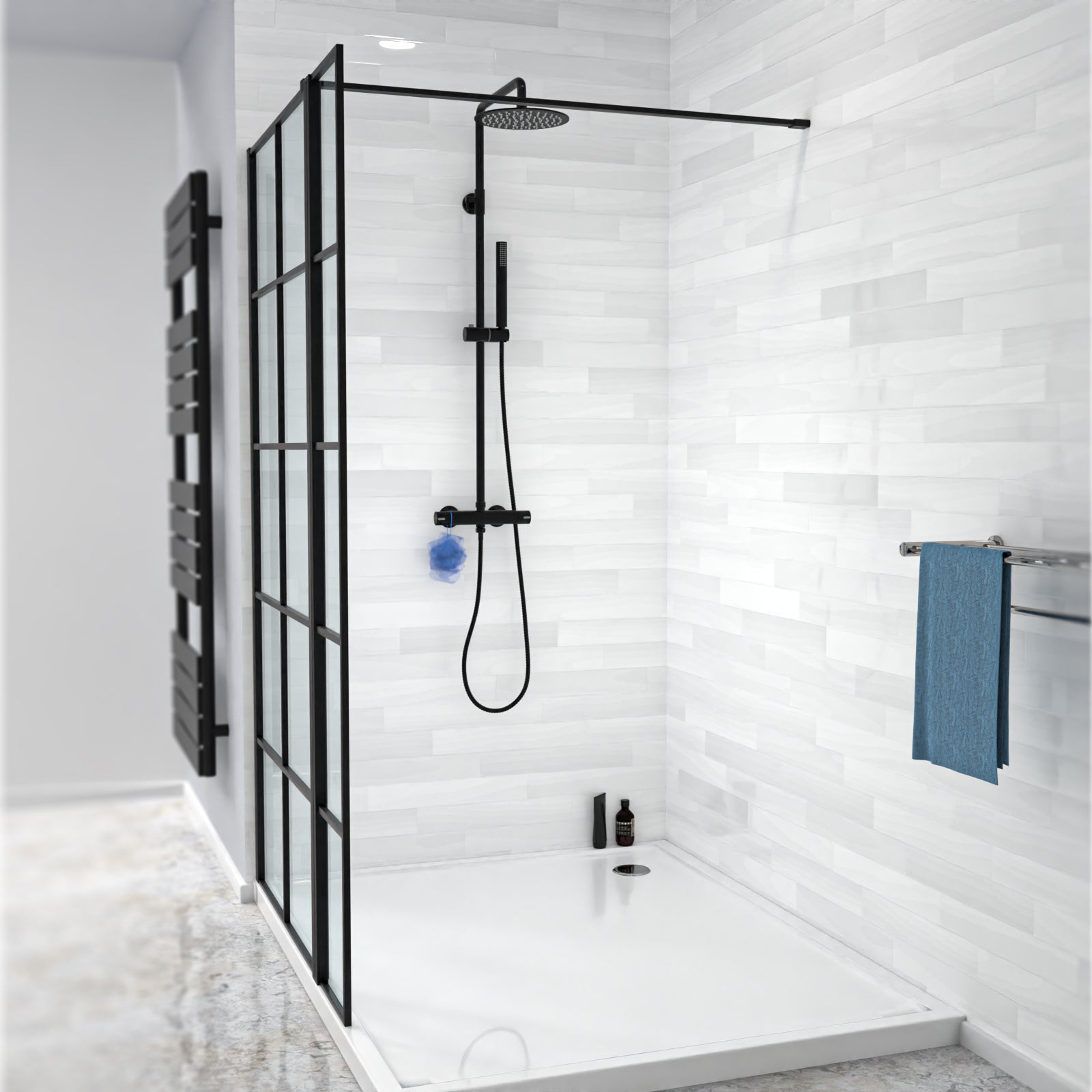 Magna Black Grid 800mm Shower Screen 8mm Tempered Glass & 300mm Return Panel