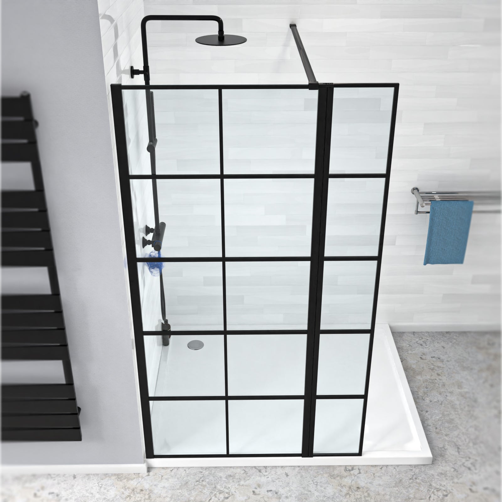 Magna Black Grid 800mm Shower Screen 8mm Tempered Glass & 300mm Return Panel