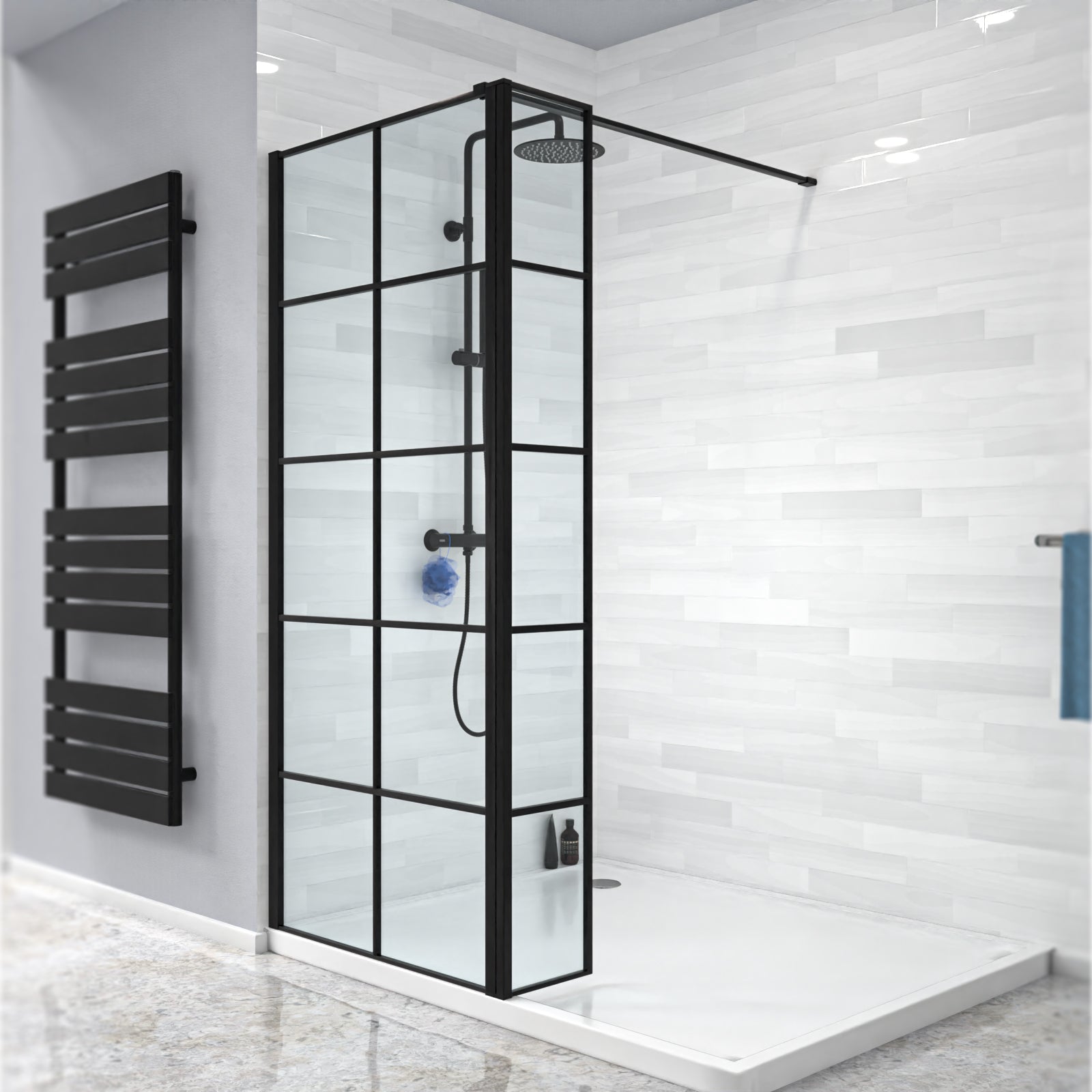 Magna Black Grid 800mm Shower Screen 8mm Tempered Glass & 300mm Return Panel