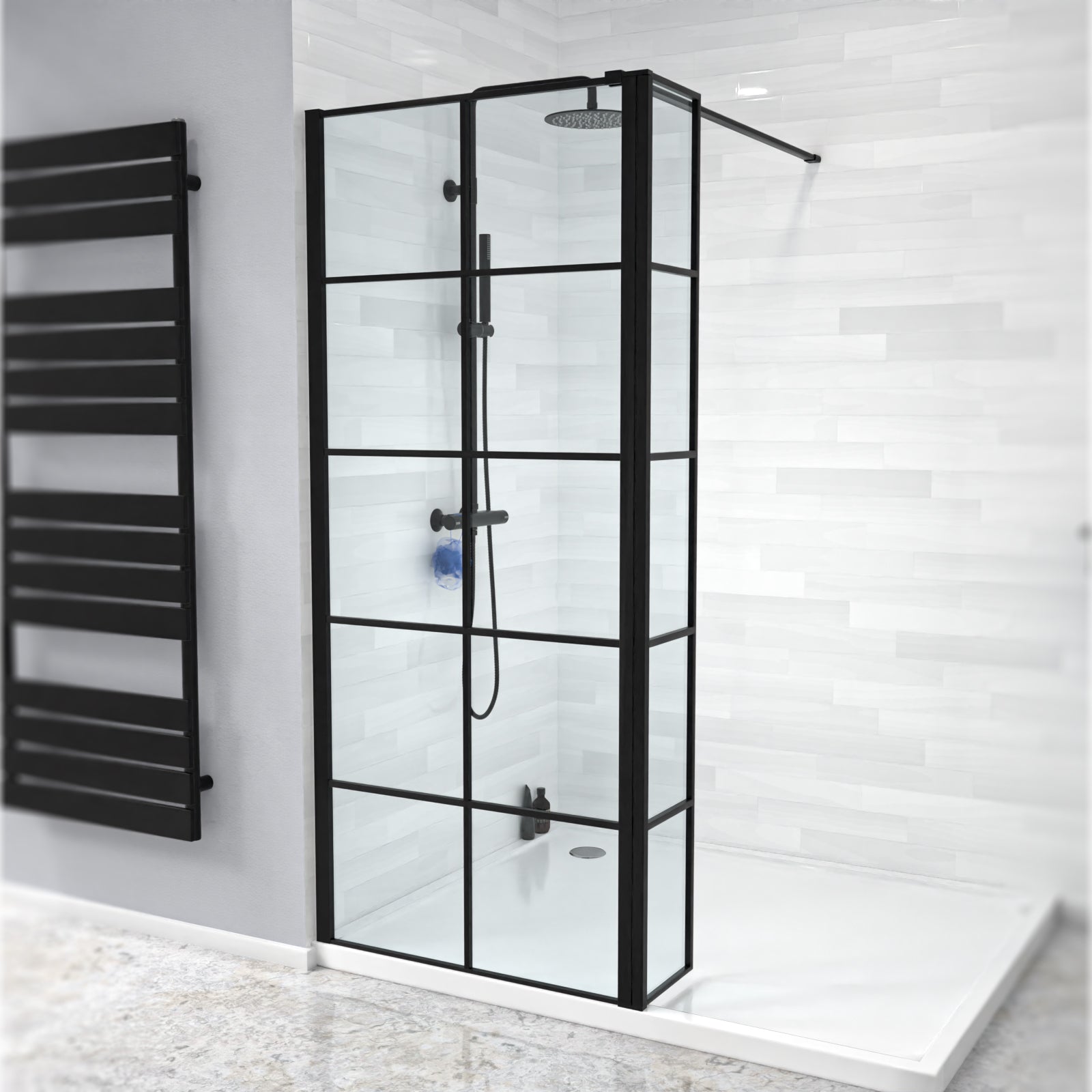 Magna Black Grid 800mm Shower Screen 8mm Tempered Glass & 300mm Return Panel